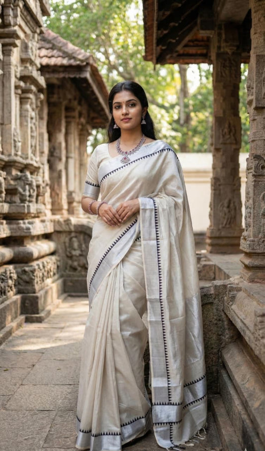Kerala Tissue Silk Saree with Silver Temple Border – Festive Wear | Shrees Fashion