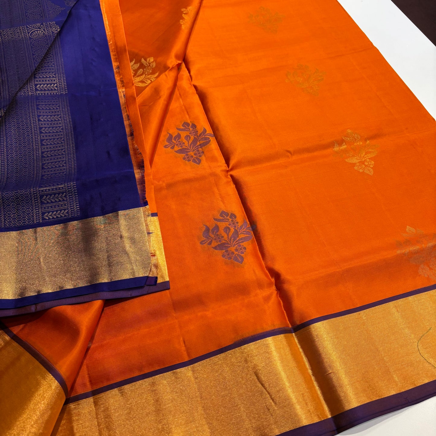 Pure Kanchipuram Silk Saree – Burnt Orange with Vibrant Blue Contrast
