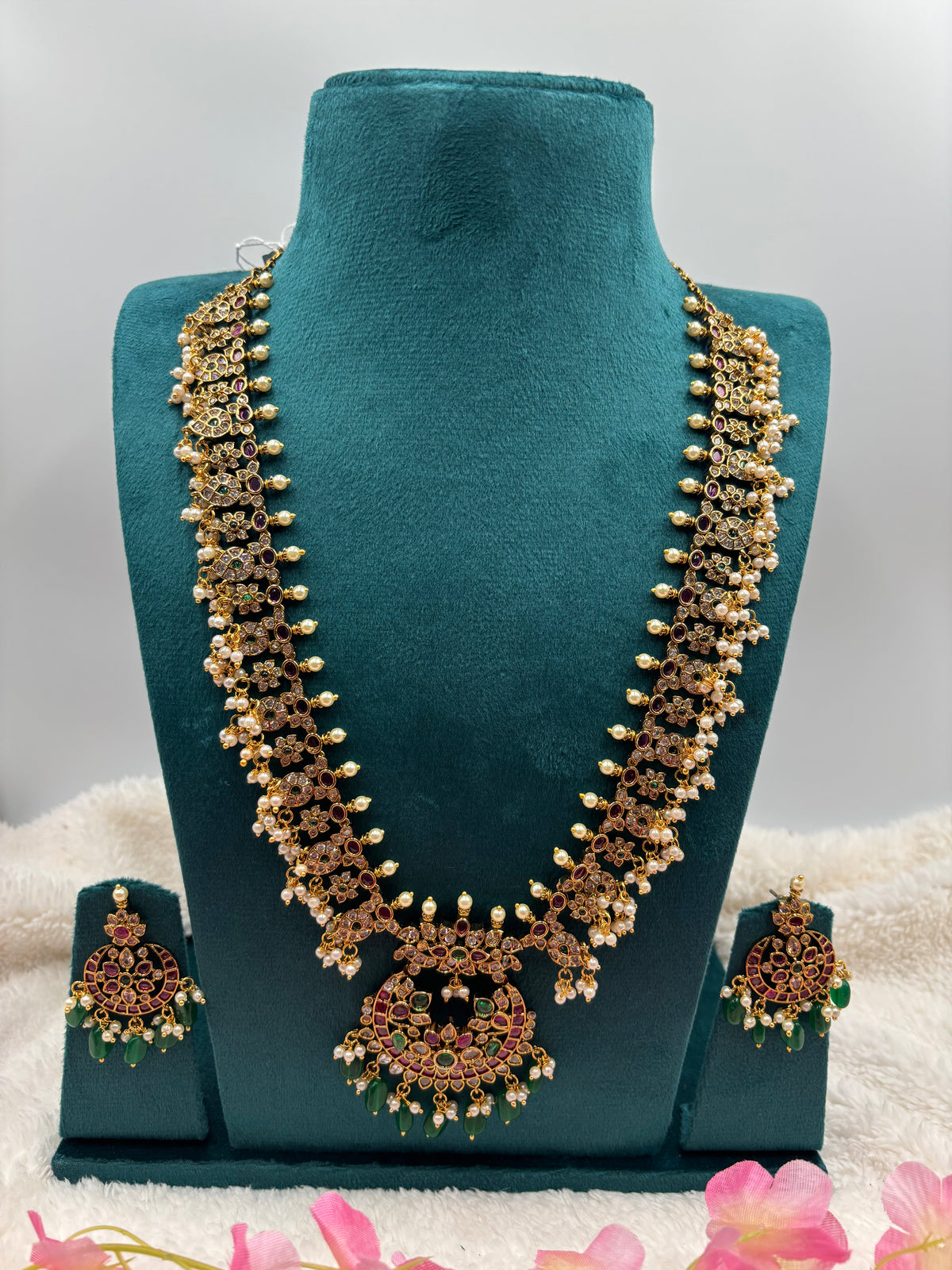 Premium Kemp Stone Long Haram Set with Chandragiri Design Pendant & Matching Earrings – Antique Gold Finish