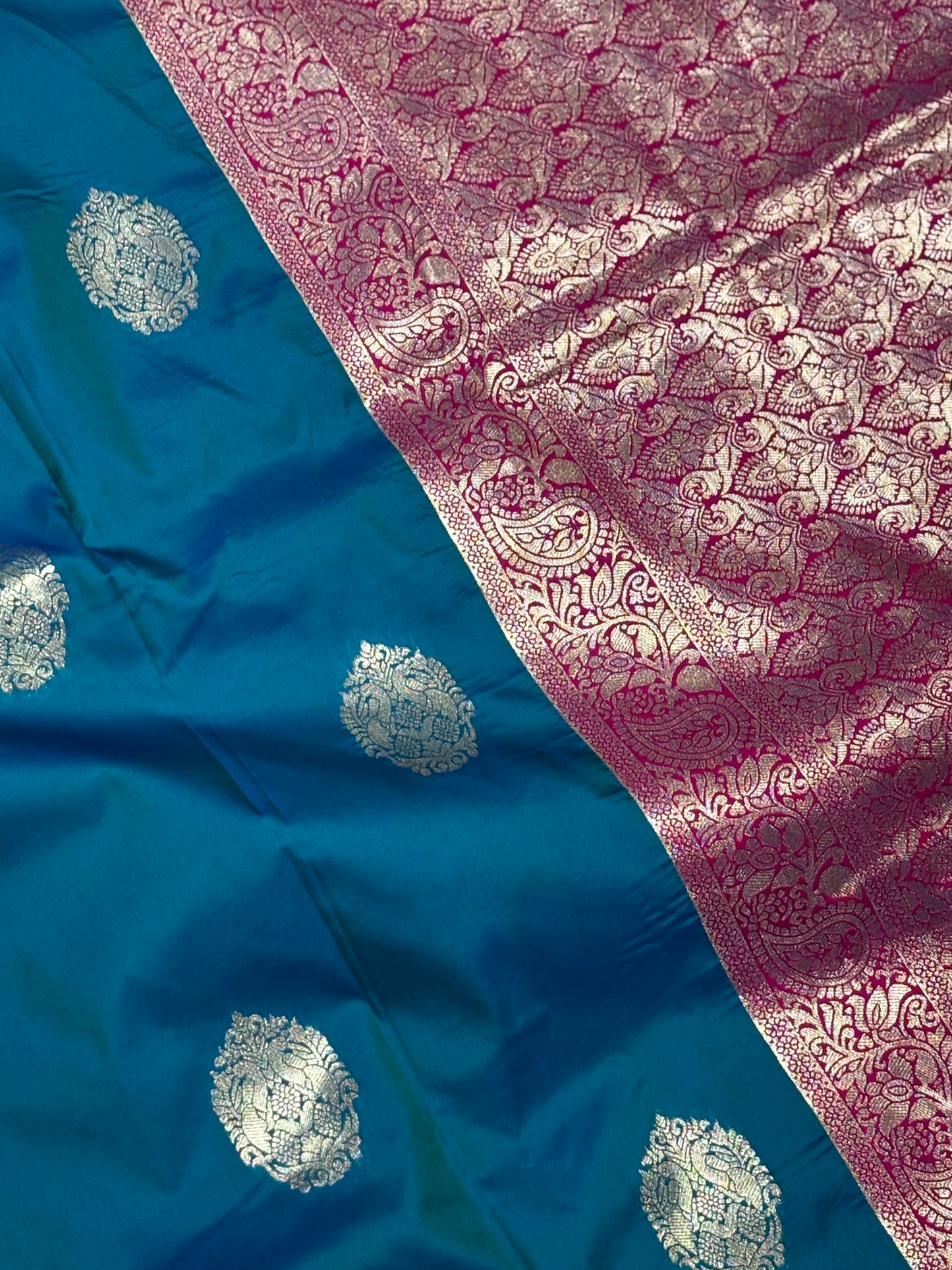 Elegant Semi Kanchipuram Silk Saree in Teal Blue & Pink Contrast