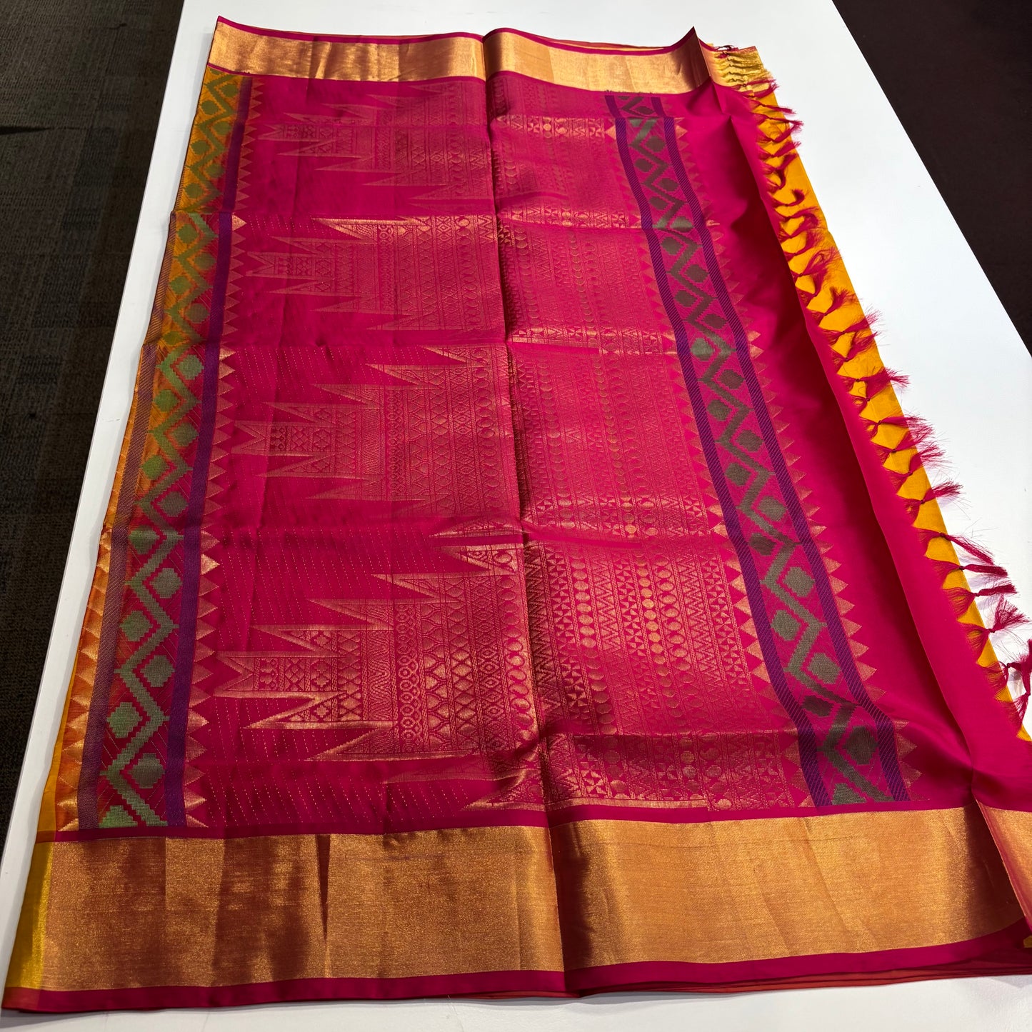 Sunshine & Silk: Yellow Kanchipuram Silk Saree with Rani Pink Pallu