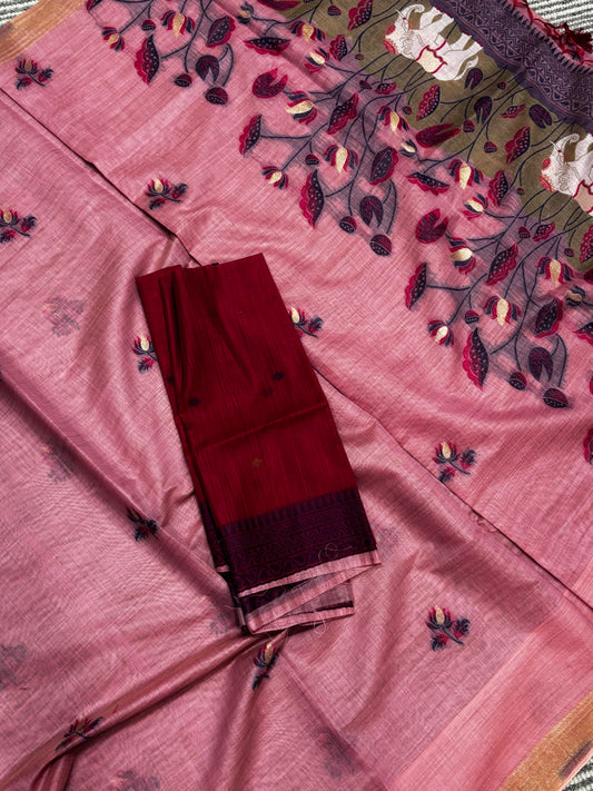 Elegant Pastel Pink Linen Cotton Saree with Floral & Elephant Details | Shrees Fashion
