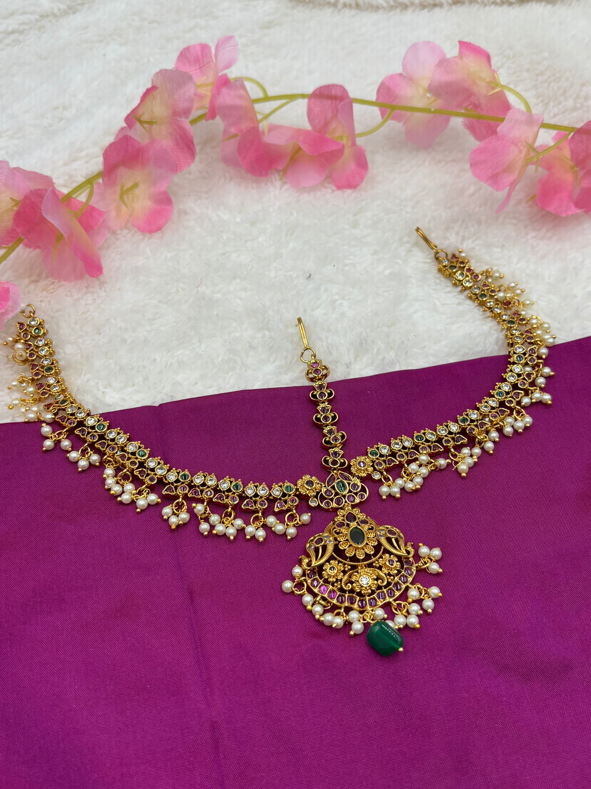 Elegant Matte Gold 3‑Layer Temple Tikka with Lakshmi Motif & Green Bead Drop