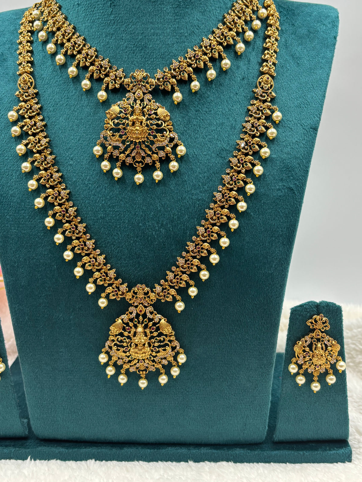 Semi‑Bridal Temple Jewellery Set with Necklace, Long Haram, Maang Tikka & Earrings