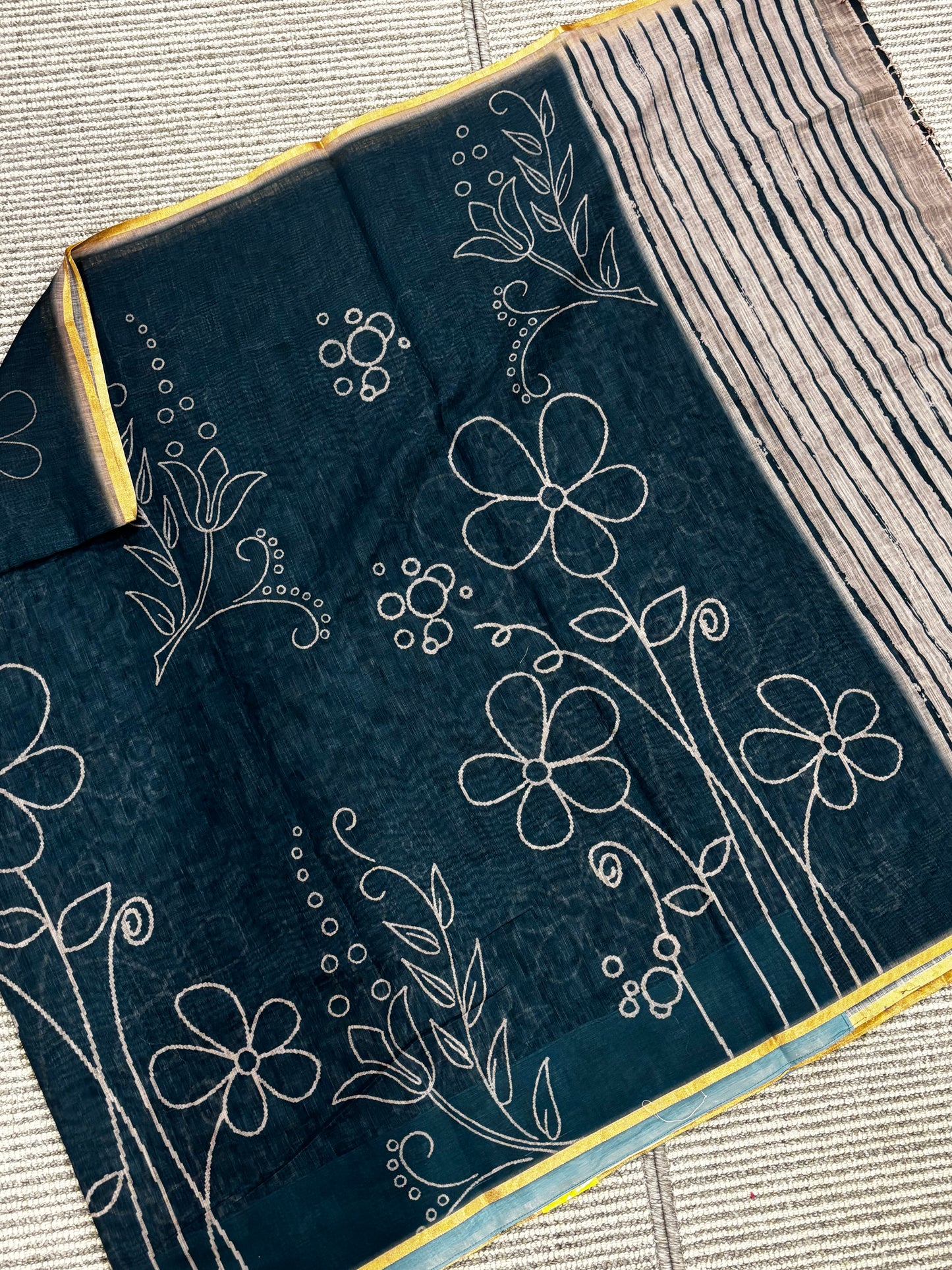 Elegantly Ink Blue Linen Cotton Saree with White Floral Print, Golden Contrast Border & Printed Blouse Piece | Shrees Fashion