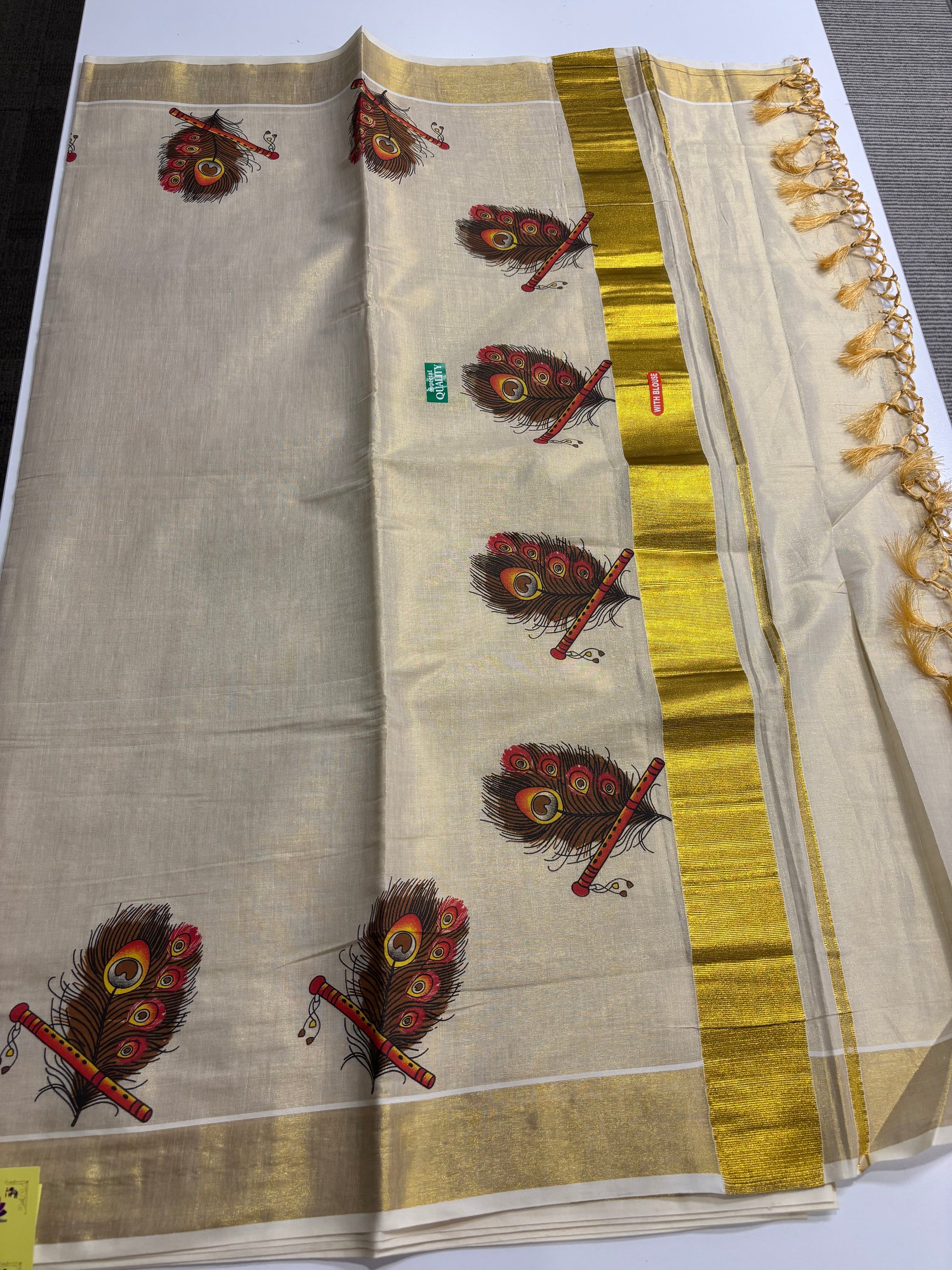 Kerala Kasavu tissue silk saree with peacock feather and flute motifs – view 2