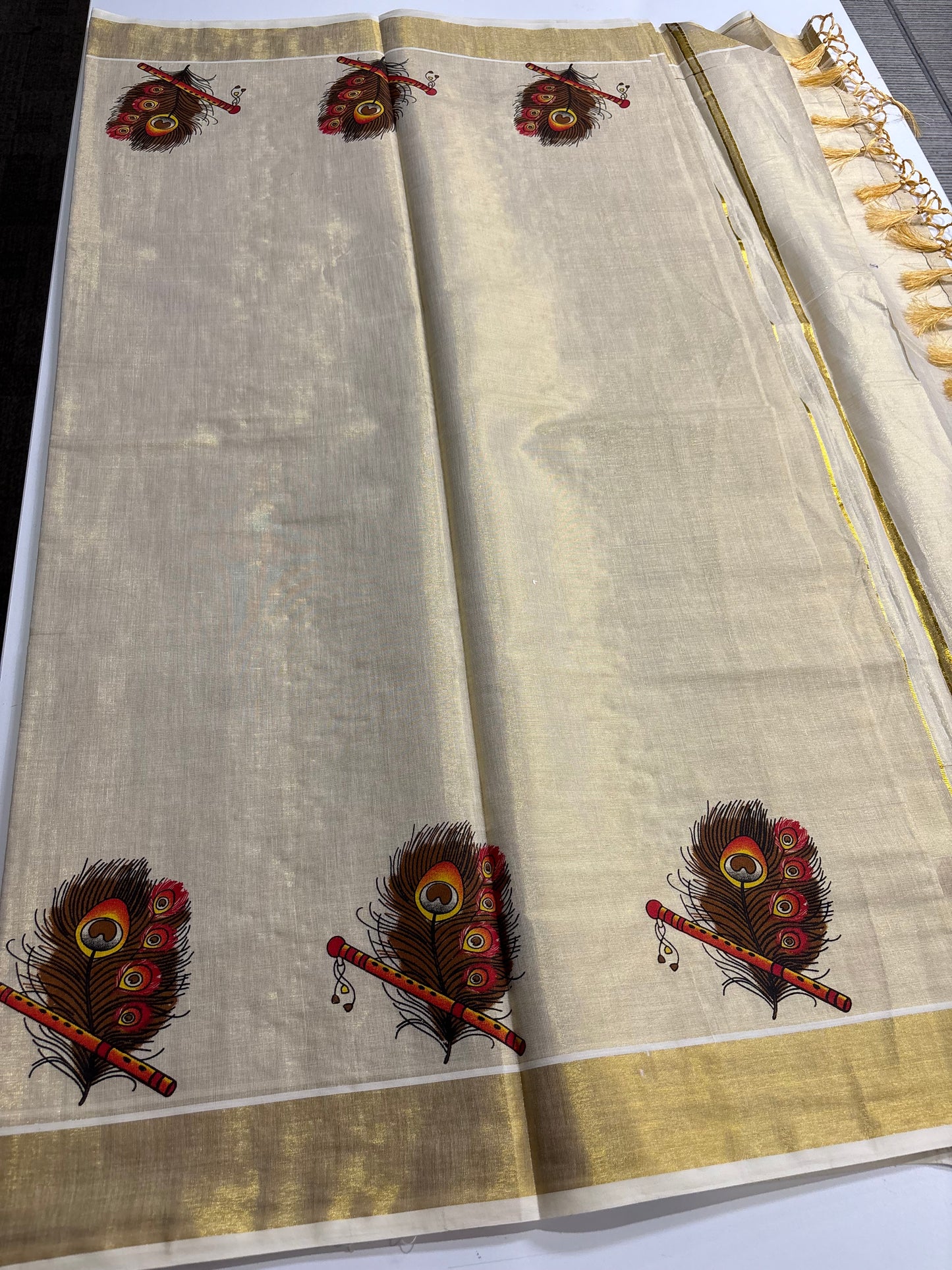 Kerala Kasavu tissue silk saree with peacock feather and flute motifs – view 3