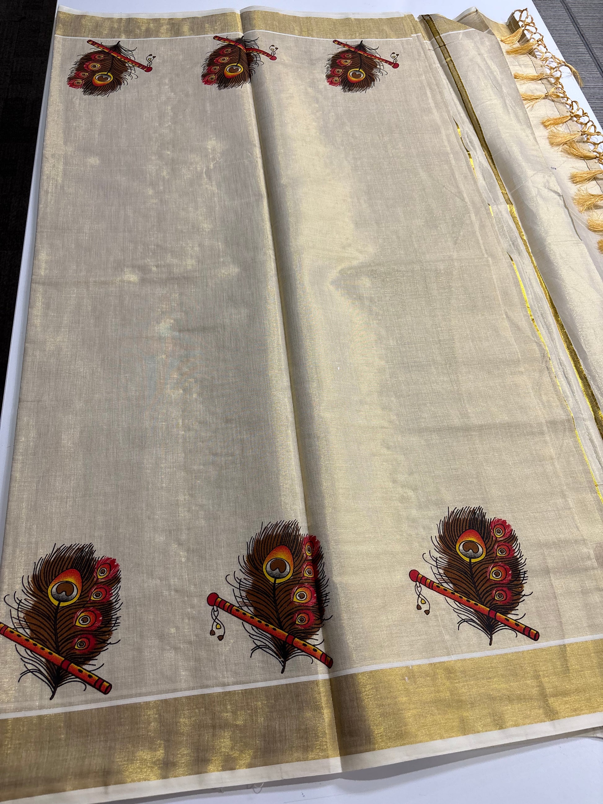 Kerala Kasavu tissue silk saree with peacock feather and flute motifs – view 3