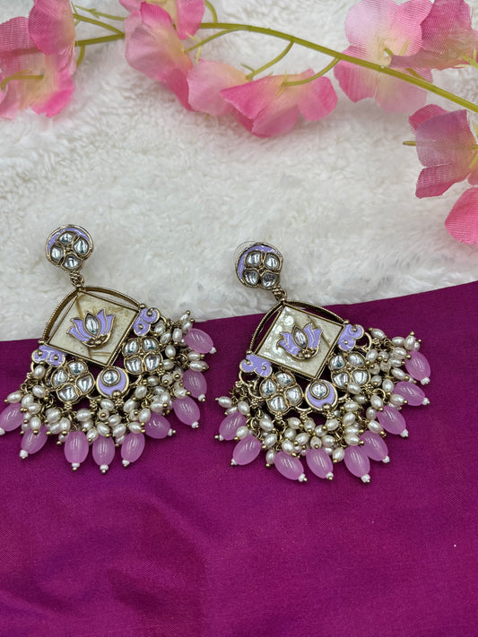 Antique Finish Kundan Earrings with Lavender Meenakari, Pearls & Light‑Lavender Beads