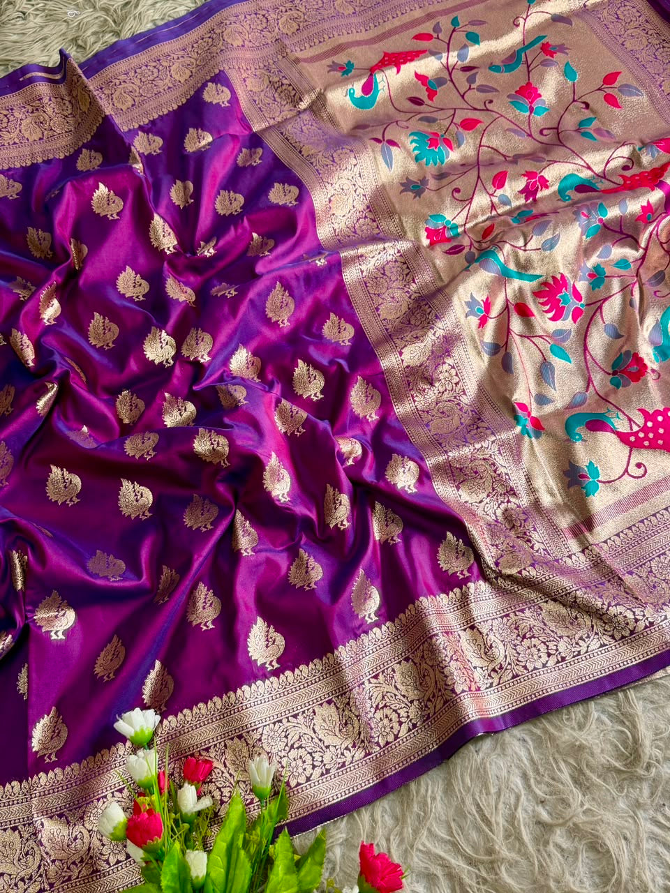 Royal Purple Paithani Saree with Peacock Buttas and Designer Floral Pallu