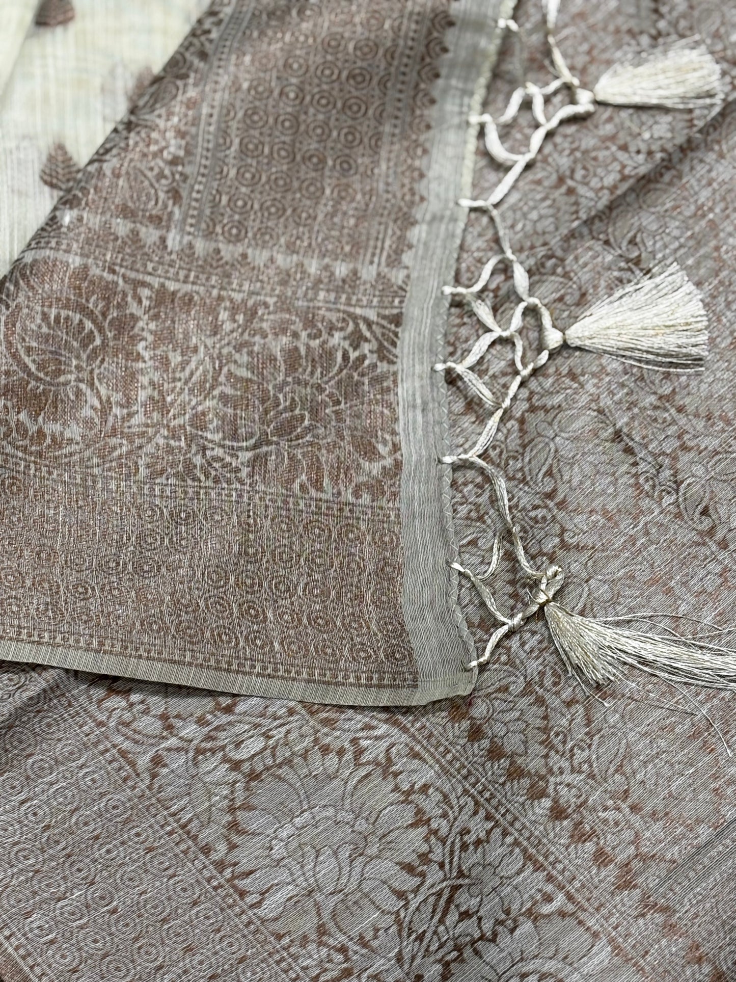 Elegant Beige Pure Tussar Saree with Brown Brocade Pallu & Antique Zari Border | Shrees Fashion