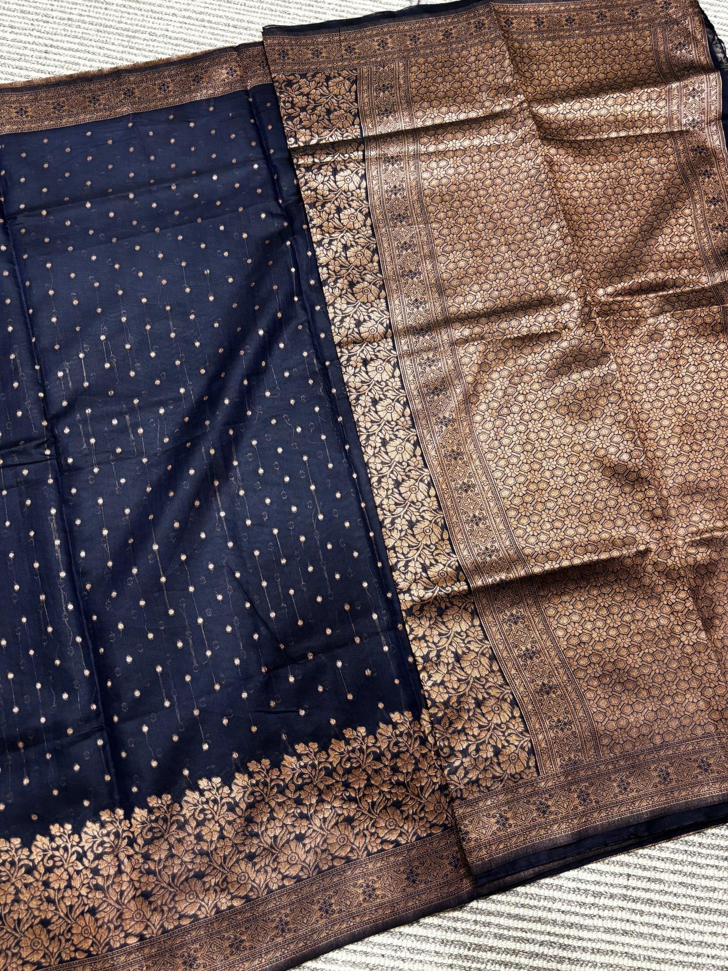 Elegant Dark Blue Tussar Silk Saree with Antique Golden Border & Rich Brocade Pallu