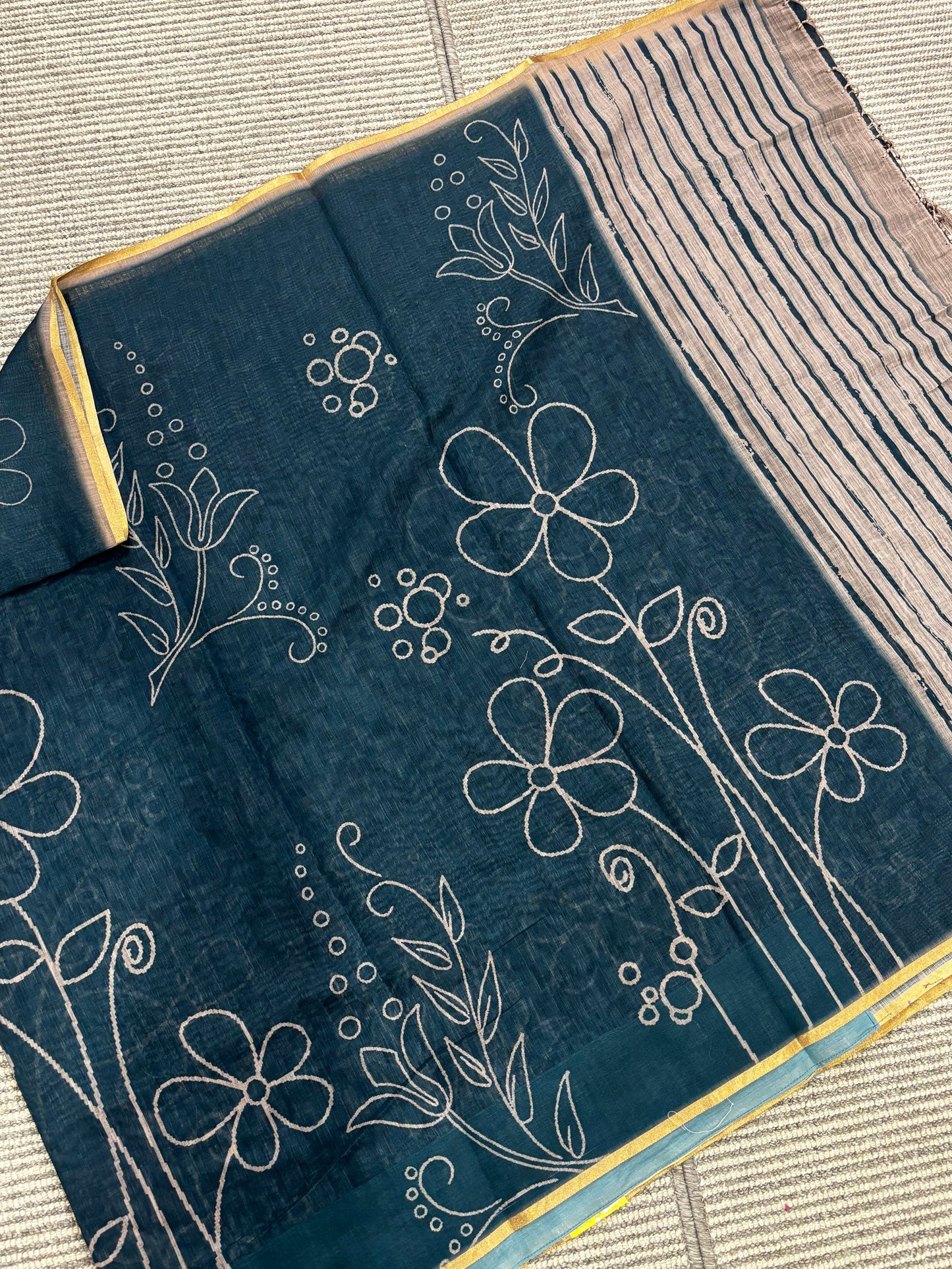 Elegantly Ink Blue Linen Cotton Saree with White Floral Print, Golden Contrast Border & Printed Blouse Piece | Shrees Fashion