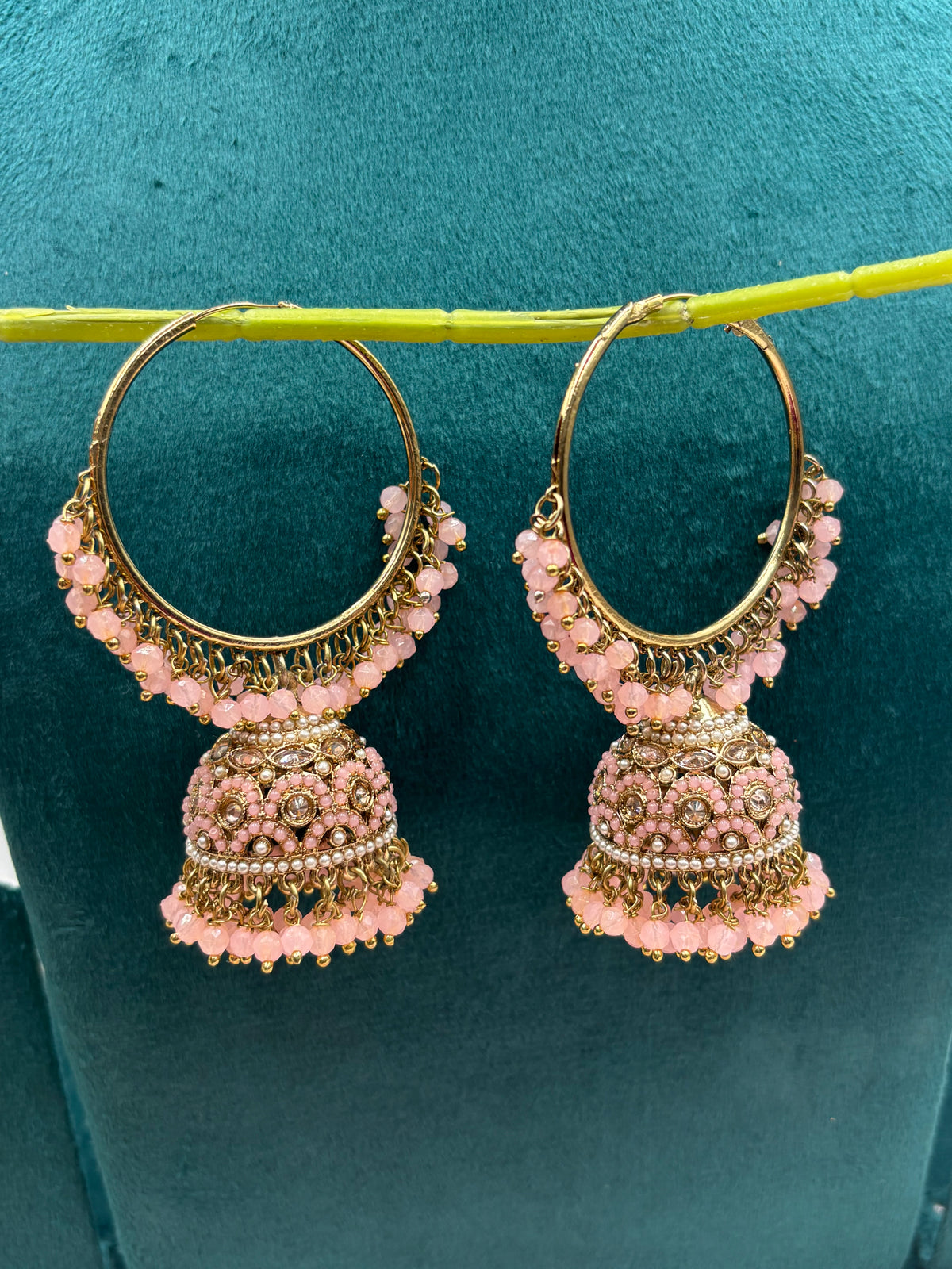 Hoop Jhumka Earrings with Kundan, Pearls & Peach Beads