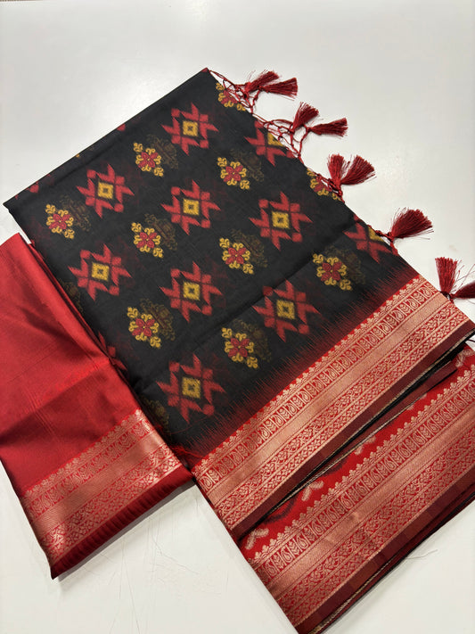 Elegant Black Silk‑Cotton Saree Featuring Red Border & Jamdani Print | Shrees Fashion