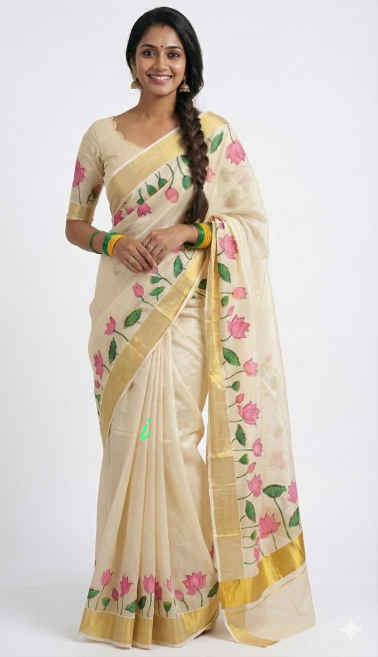 Premium Kerala Kasavu Saree in Floral Tissue Silk – South Indian Traditional Wear