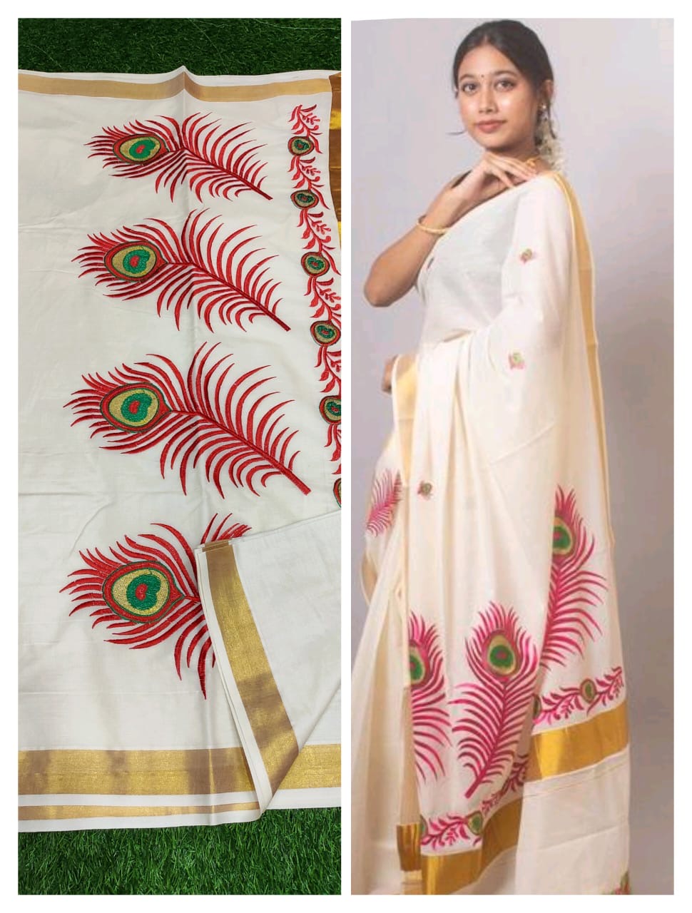 Traditional Kerala Cotton Kasavu Saree with Red–Green Peacock Embroidery