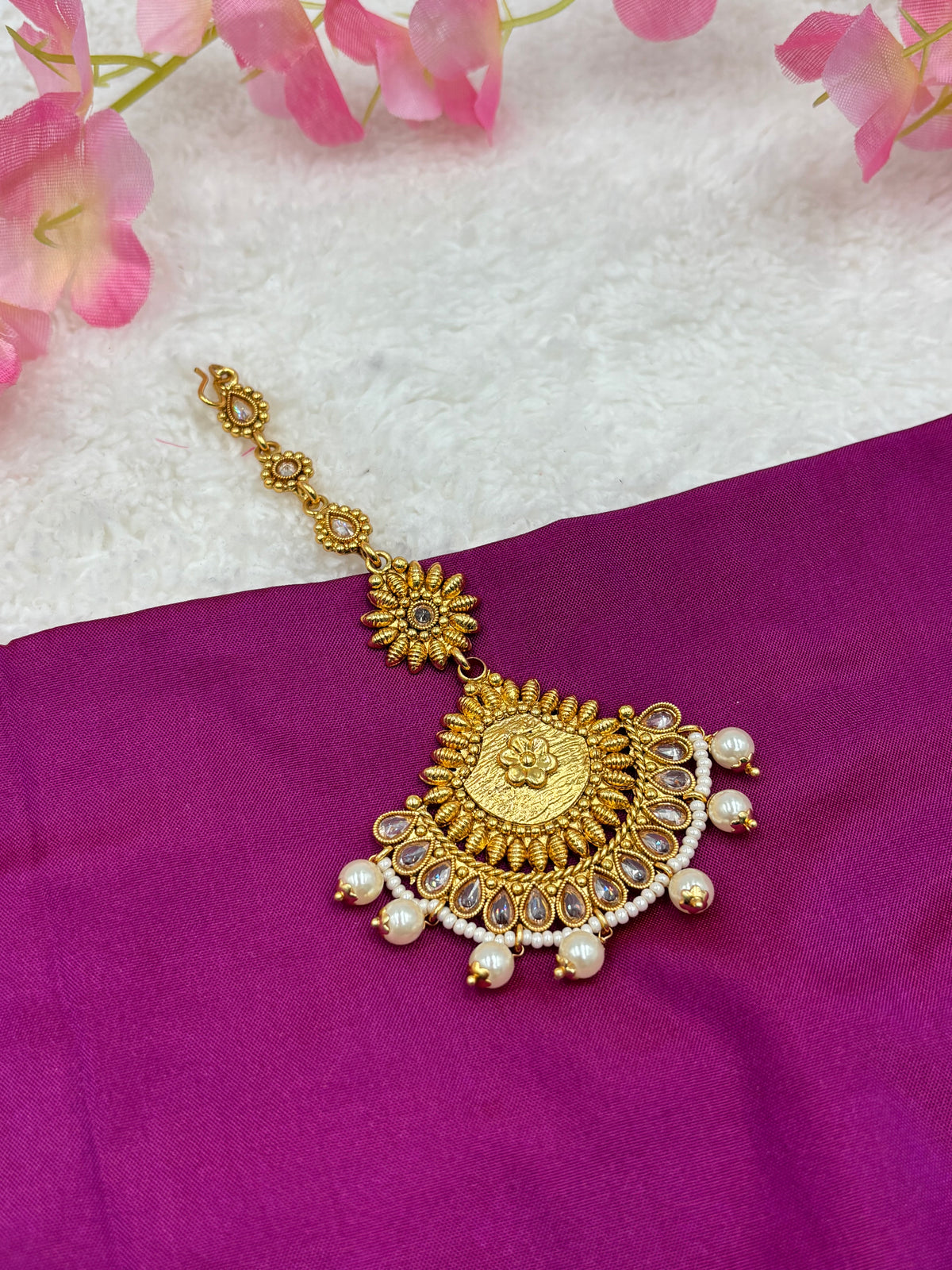 Matte Gold Finish Floral Tikka – White Stones & Pearl Hangings