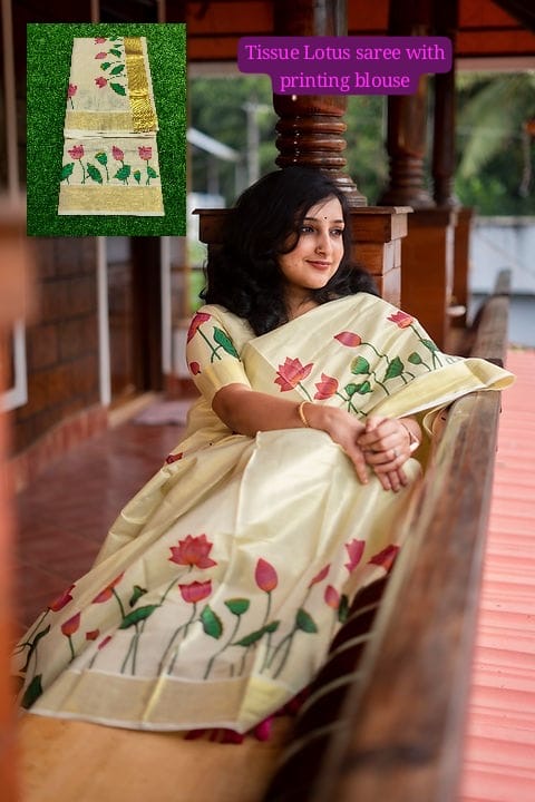 Premium Kerala Kasavu Saree in Floral Tissue Silk – South Indian Traditional Wear