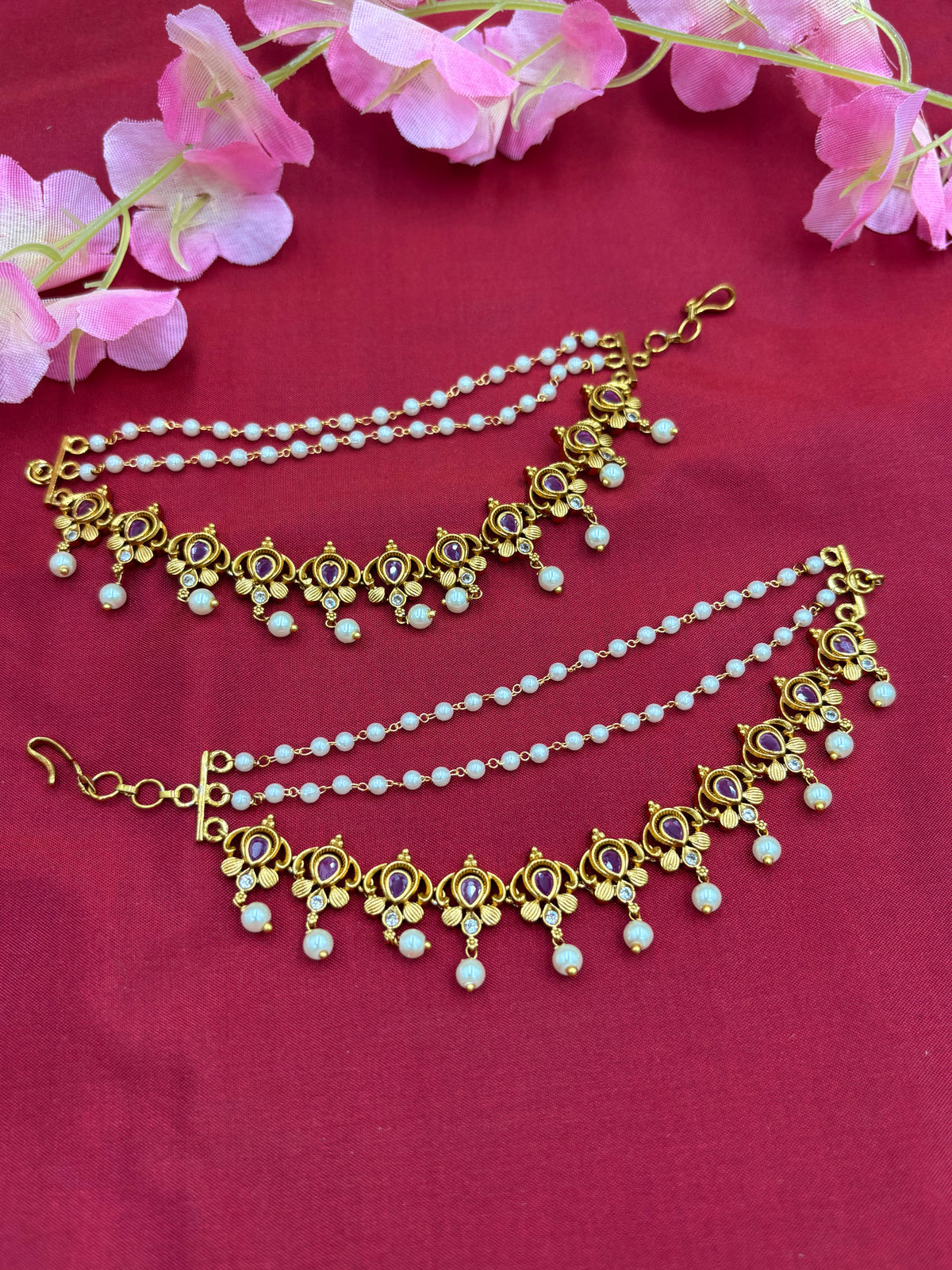 Premium Ear Chain with Pink Stone Lotus Design & Pearl Accents
