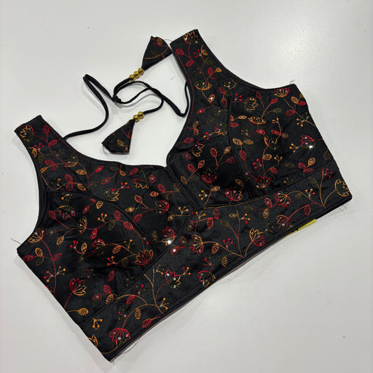 Black Readymade Blouse with Gold Embroidery & Attached Sleeve Fabric