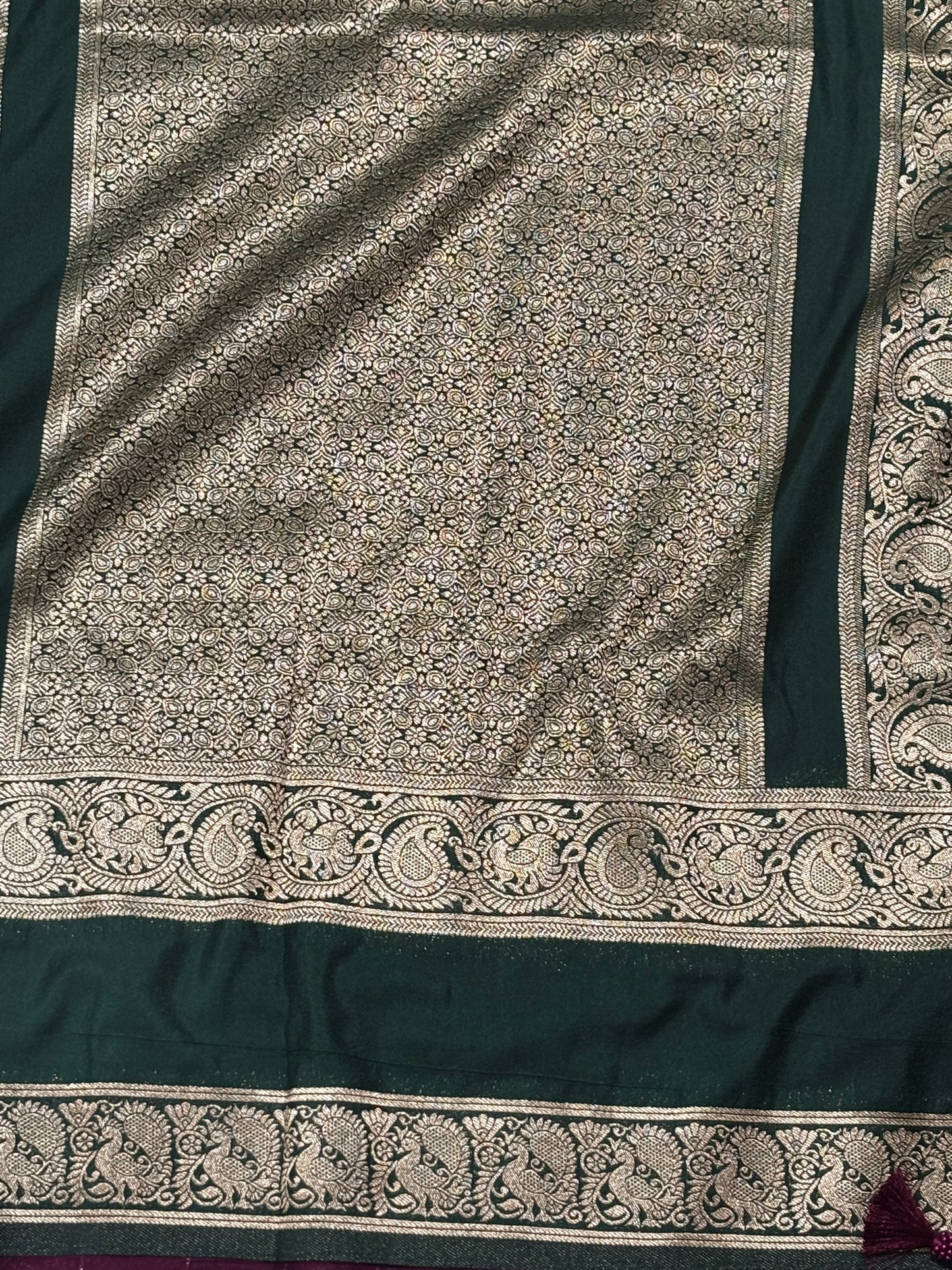 Gracefully Crafted Wine Banarasi Soft Silk Saree with Green Zari Border, Pallu, Tassels & Blouse