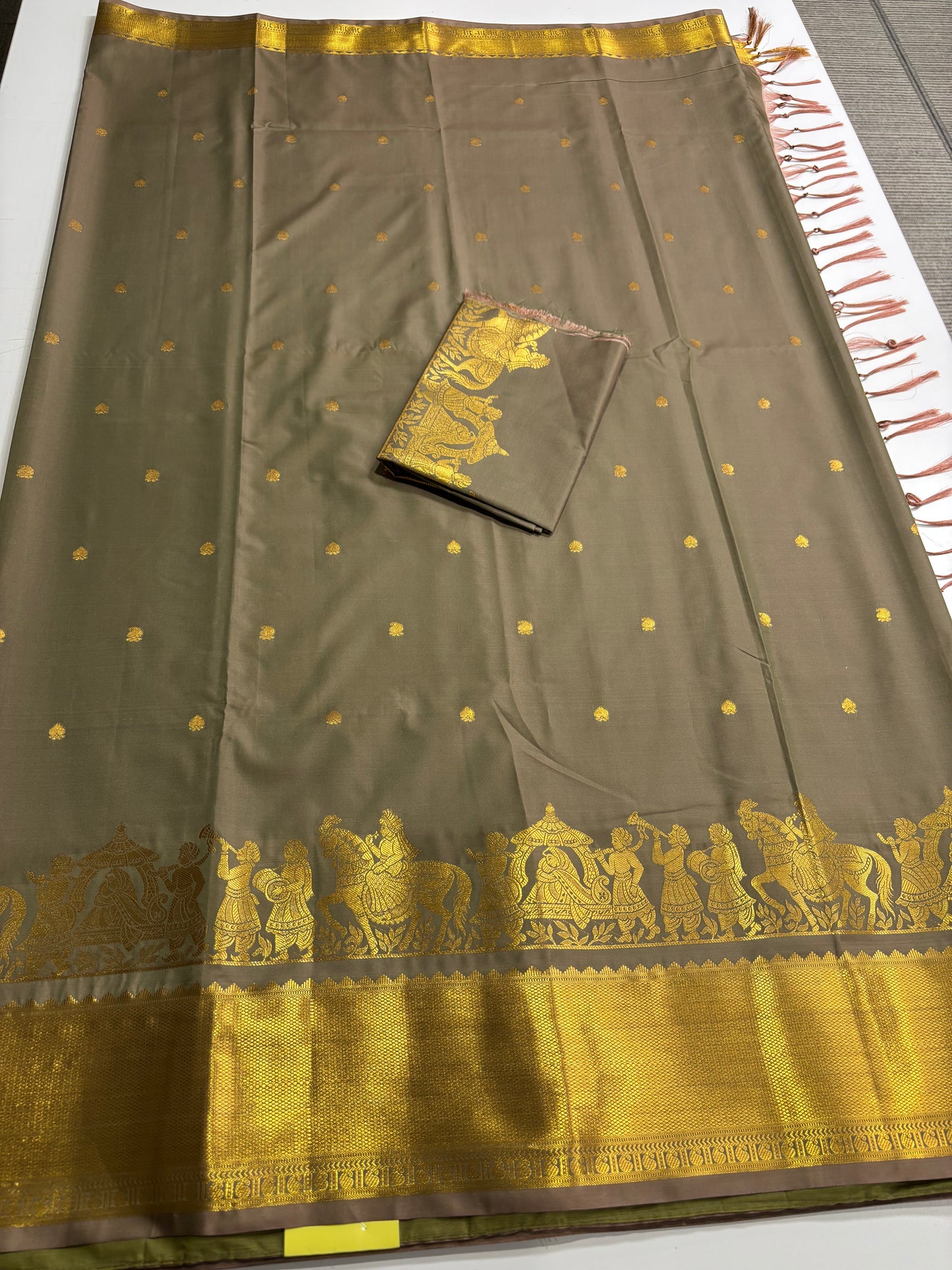 Elegant Pastel Grey Semi Silk Saree with Golden Highlights with Palki Patterns | Shrees Fashion