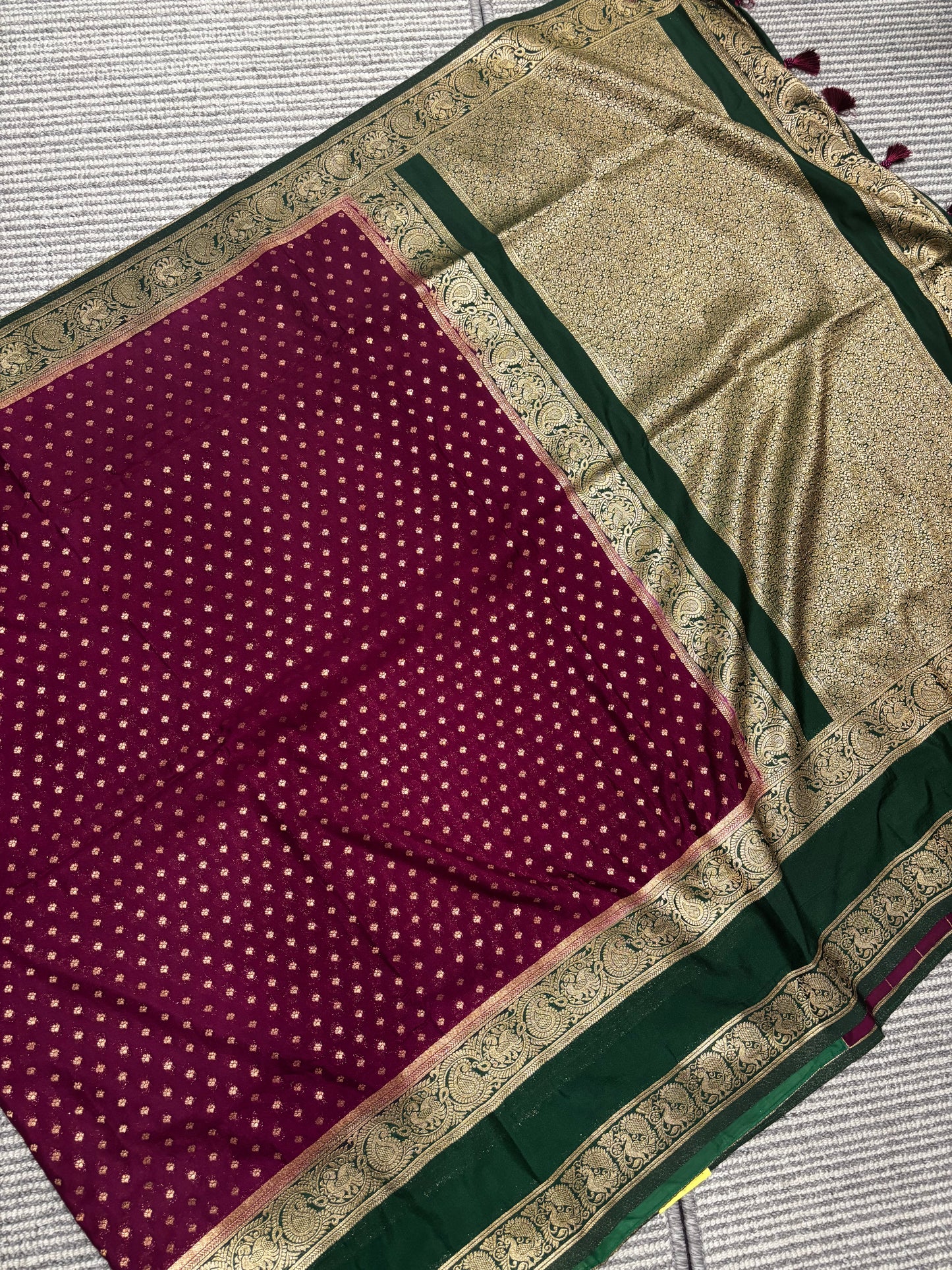 Gracefully Crafted Wine Banarasi Soft Silk Saree with Green Zari Border, Pallu, Tassels & Blouse