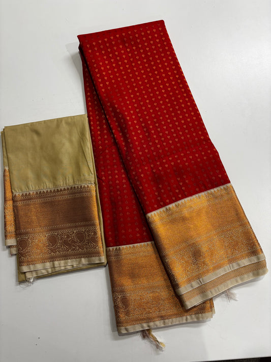 Elegant Red and Beige Semi Kanchipuram Saree with Golden Weave
