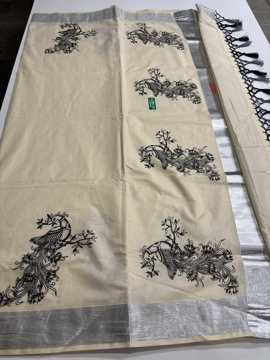 Kerala Kasavu Cotton Saree with Mural Art & Black Tassel Finish | Shrees Fashion