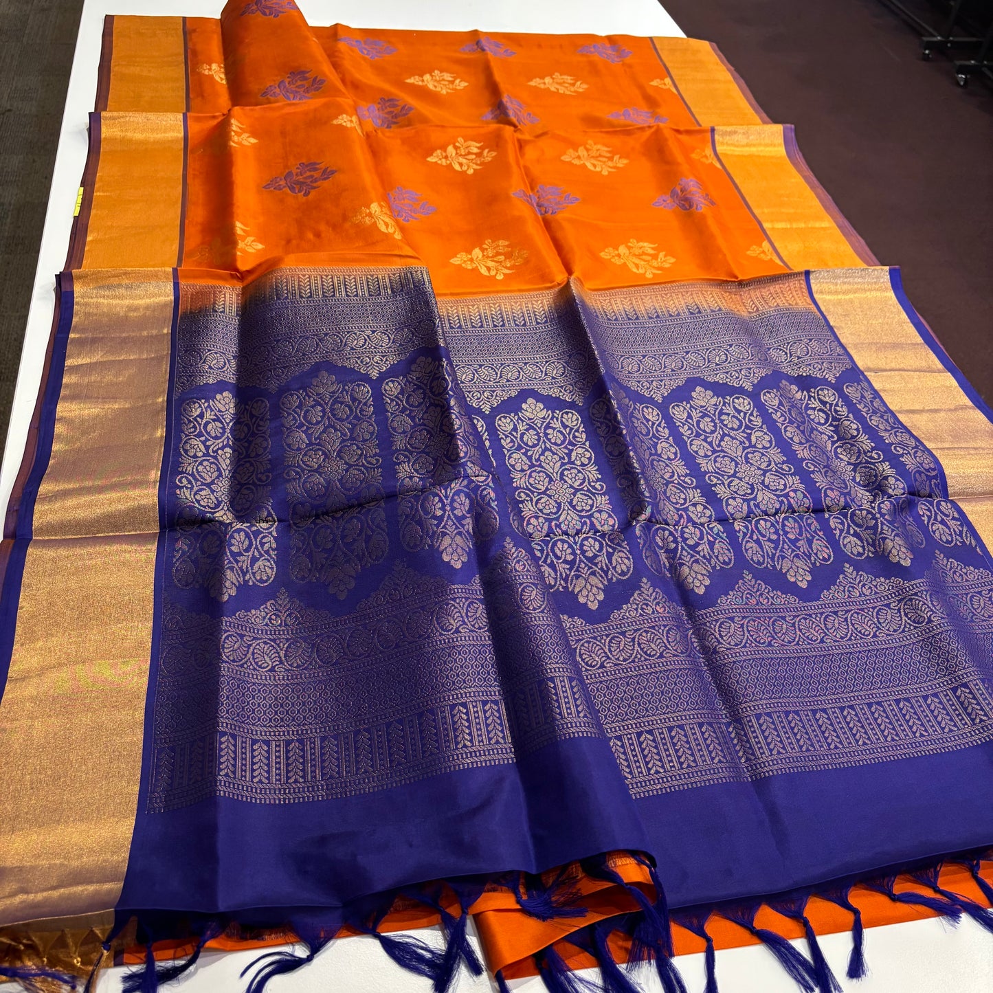 Pure Kanchipuram Silk Saree – Burnt Orange with Vibrant Blue Contrast