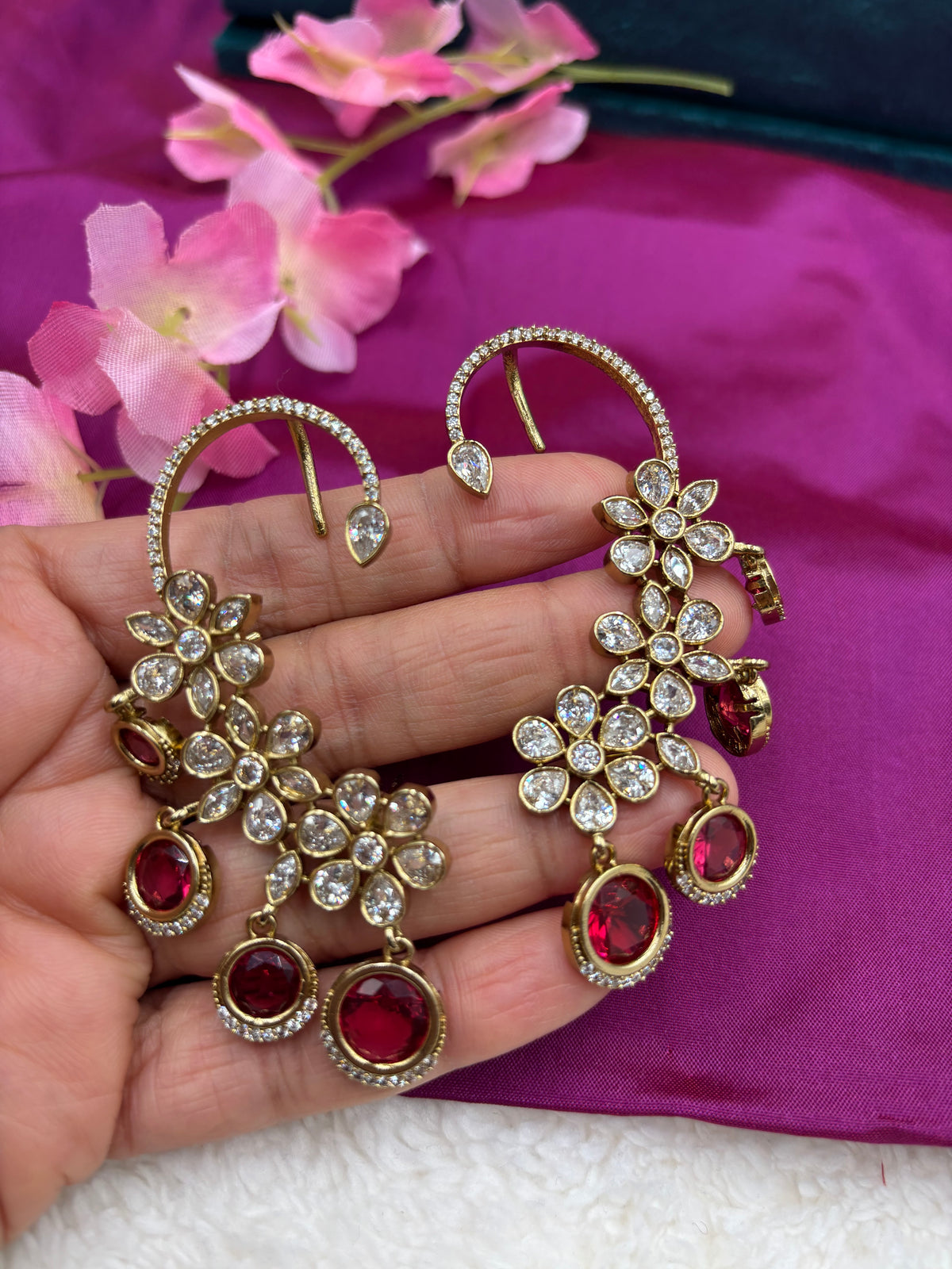 Floral Ruby Earcuff Set with Diamond Finish & Gold Base