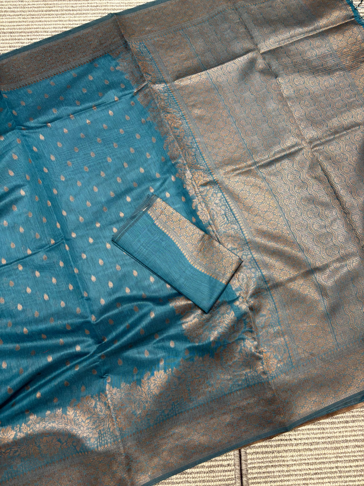 Pure Tussar Silk Saree – Blue Banarasi Design with Antique Golden Zari | Shrees Fashion