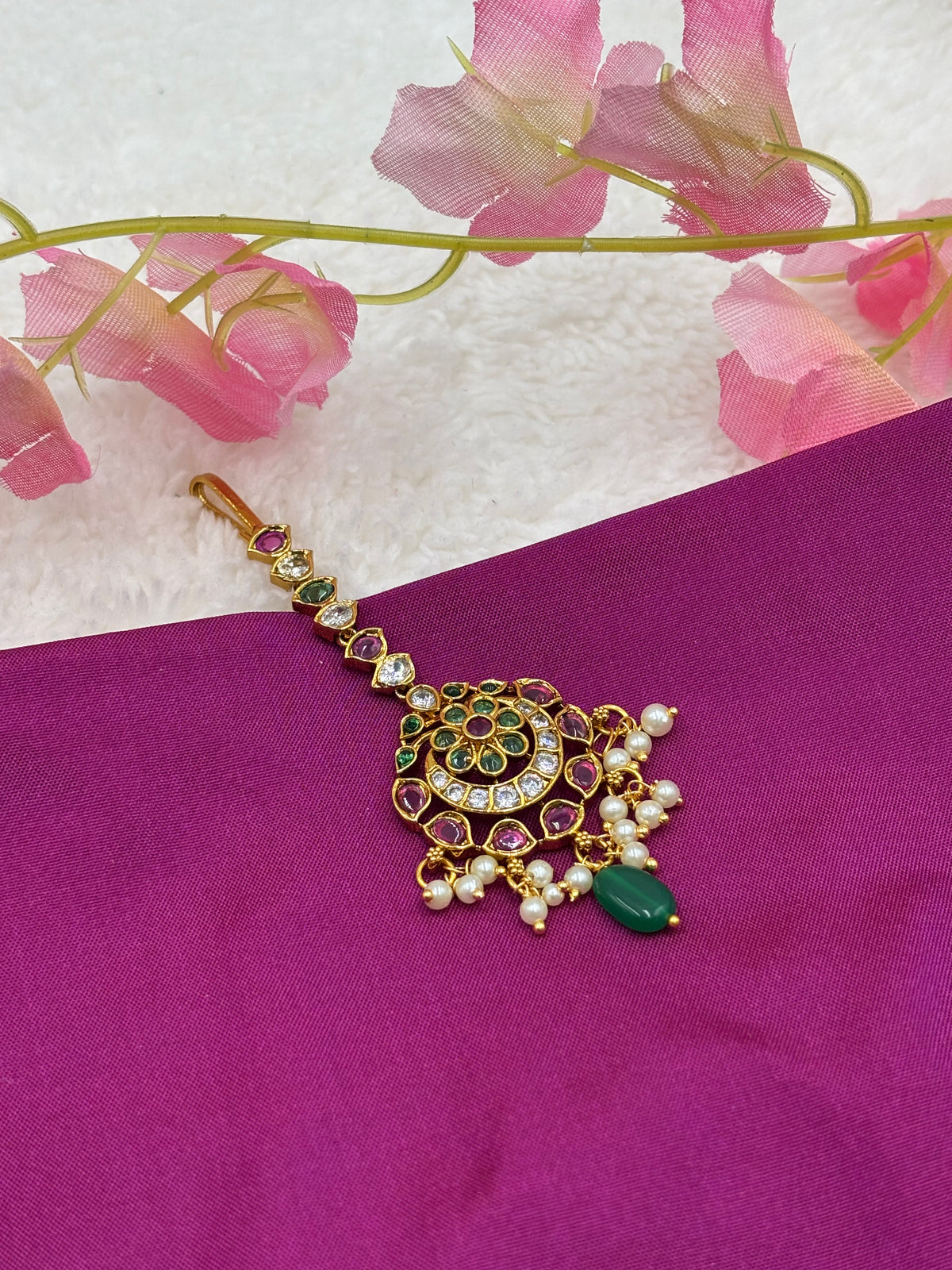 Gold Finish Floral Tikka – Green & Pink Stones with Pearls