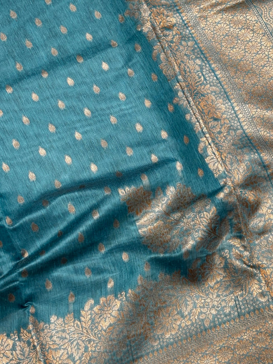 Pure Tussar Silk Saree – Blue Banarasi Design with Antique Golden Zari | Shrees Fashion