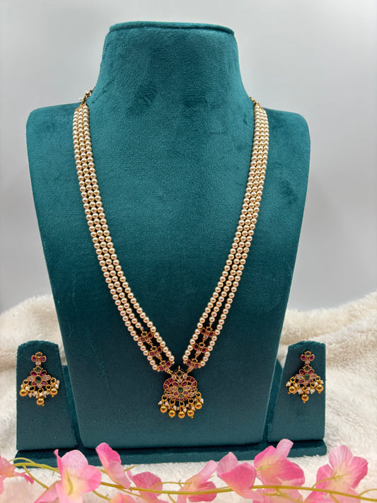 Pearl Kemp Stone Long Haram Set with Floral Pendant & Matching Earrings – Antique Gold Finish