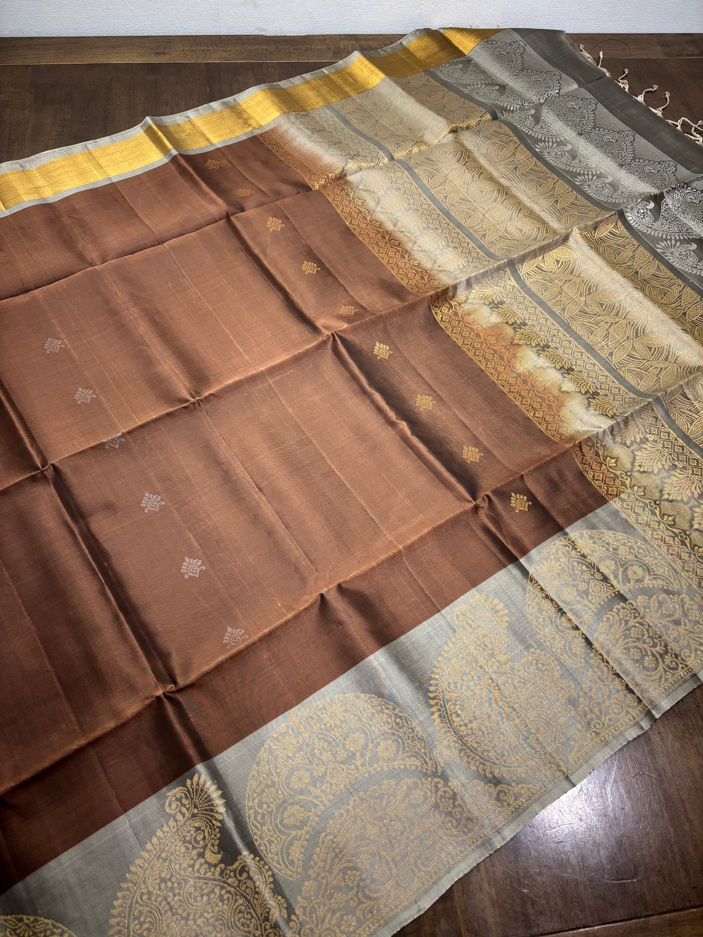 Brown and Grey Kanchipuram Silk Saree