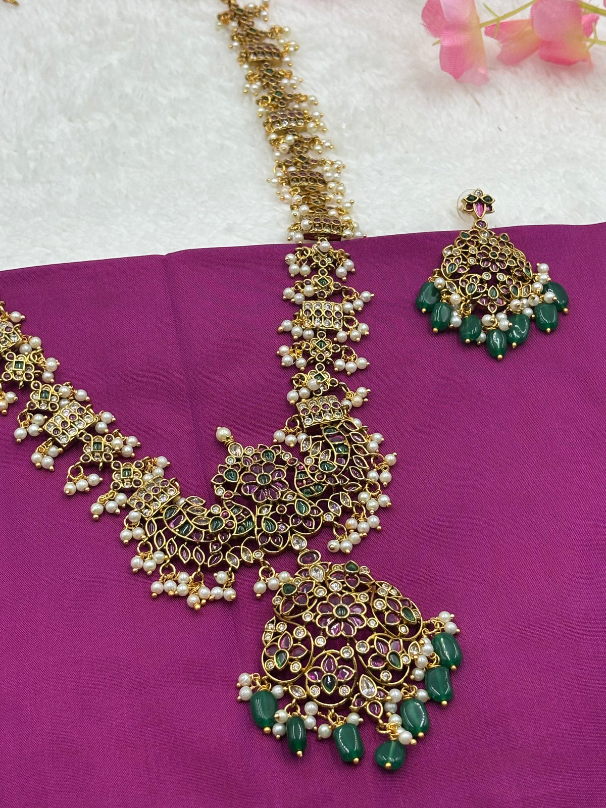 Premium Kemp Stone Long Haram Set with Green Beads & Matching Earrings