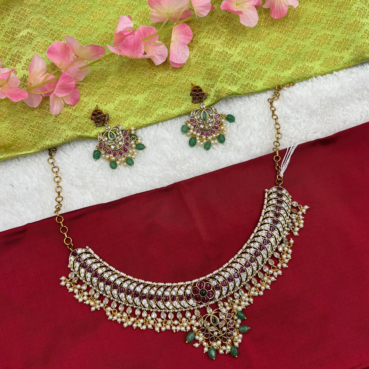 Heritage Kemp Stone Necklace Set with Ruby, Emerald & Pearl Accents