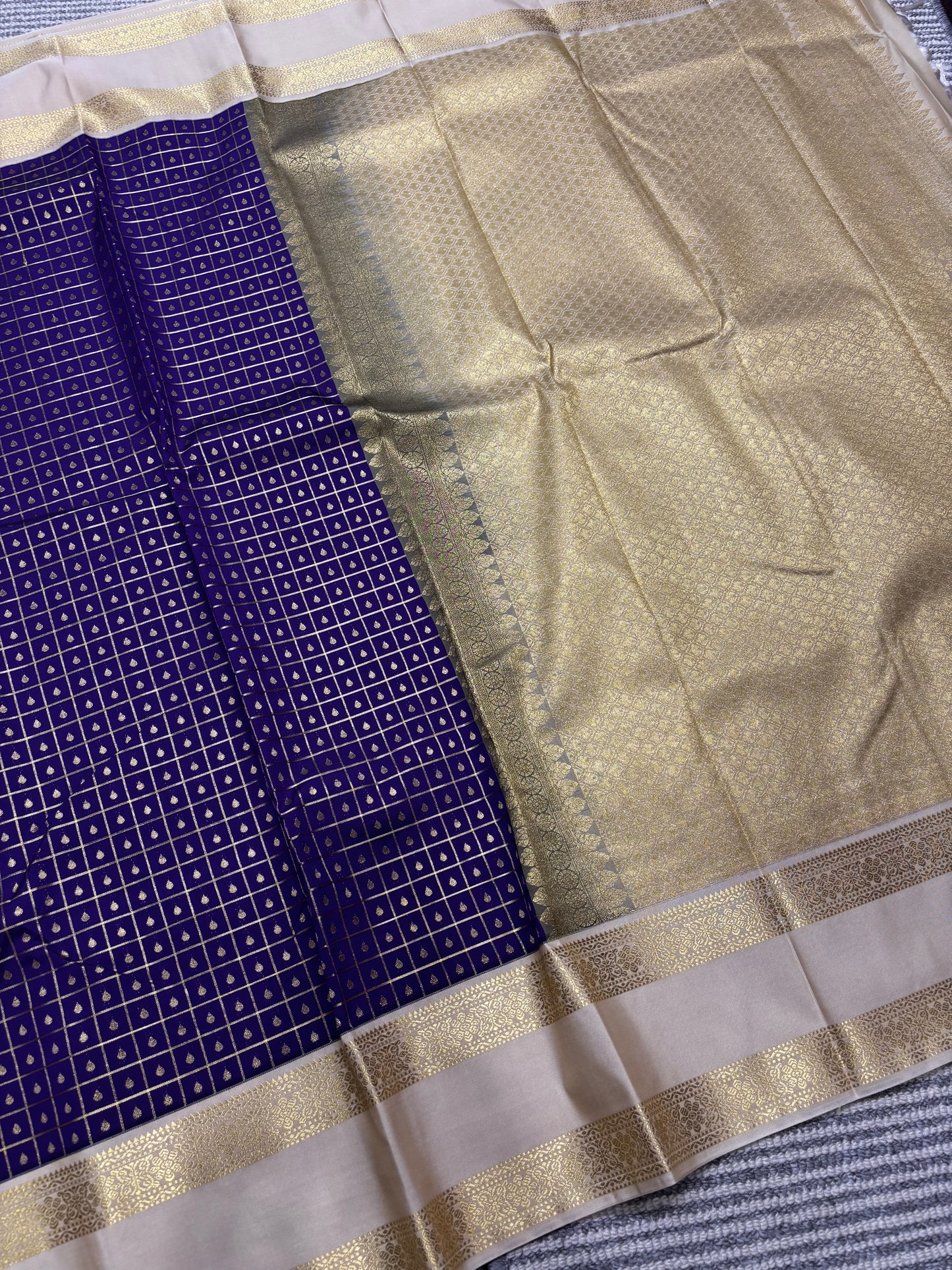 Elegant Semi Kanchipuram Saree – Royal Blue Body & Beige Gold Border
