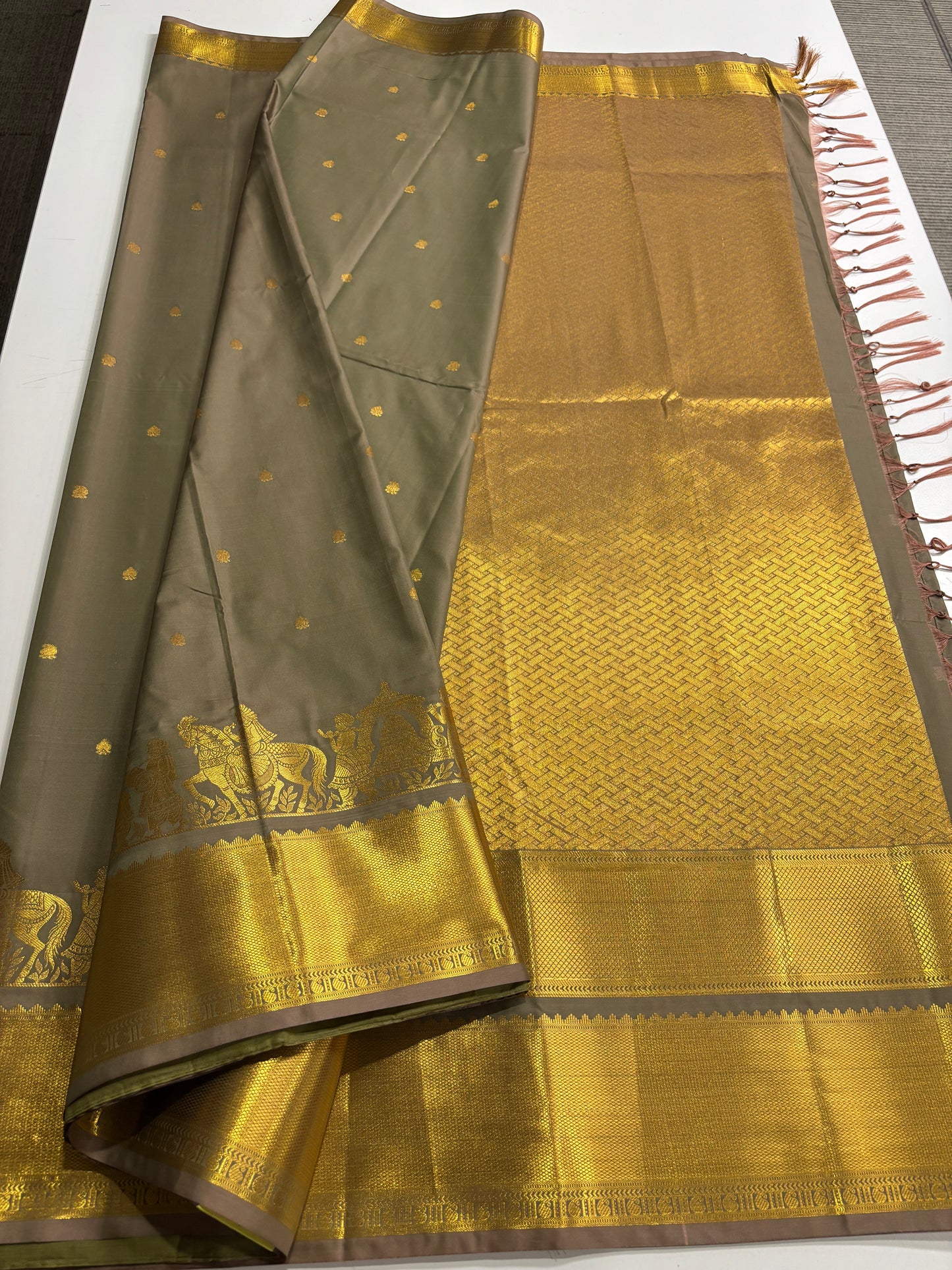 Elegant Pastel Grey Semi Silk Saree with Golden Highlights with Palki Patterns | Shrees Fashion