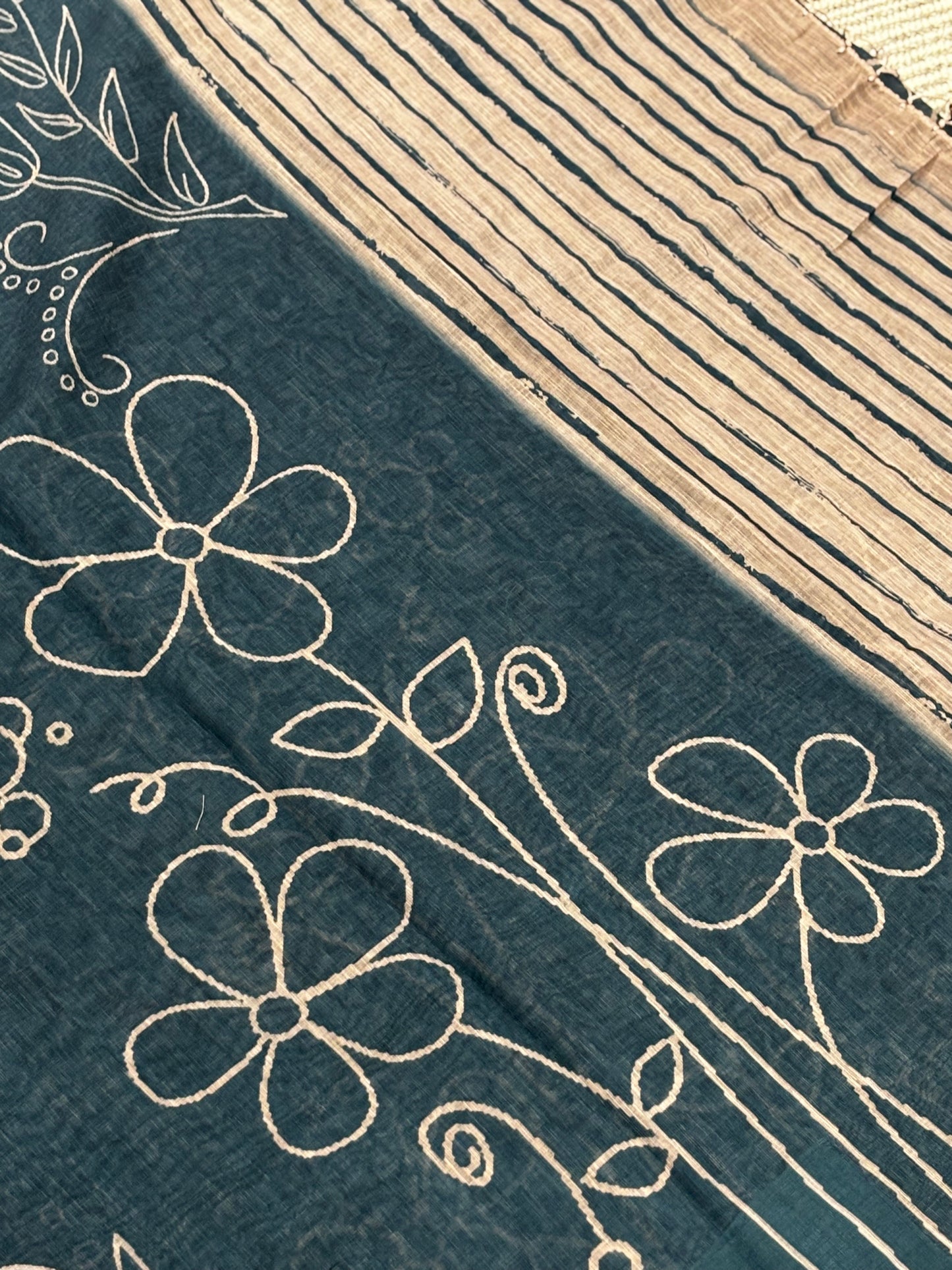 Elegantly Ink Blue Linen Cotton Saree with White Floral Print, Golden Contrast Border & Printed Blouse Piece | Shrees Fashion