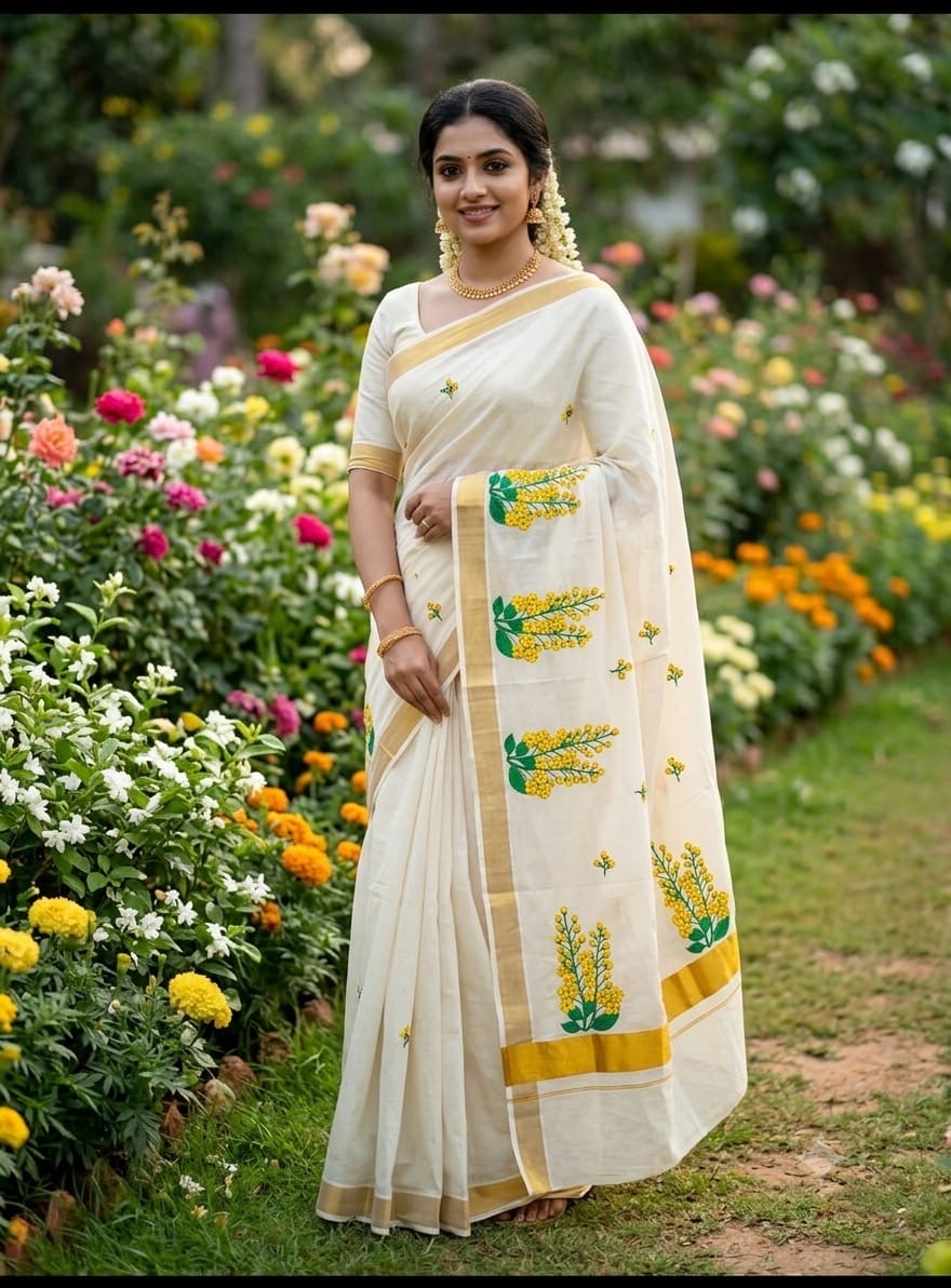 Kerala Kasavu saree with yellow floral embroidery and gold border – view 9