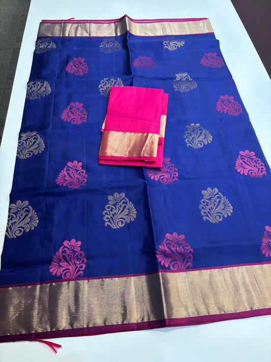 Kanchipuram Handwoven Pure Silk Saree – Royal Blue Body with Rani Pink Contrast Border and Pallu