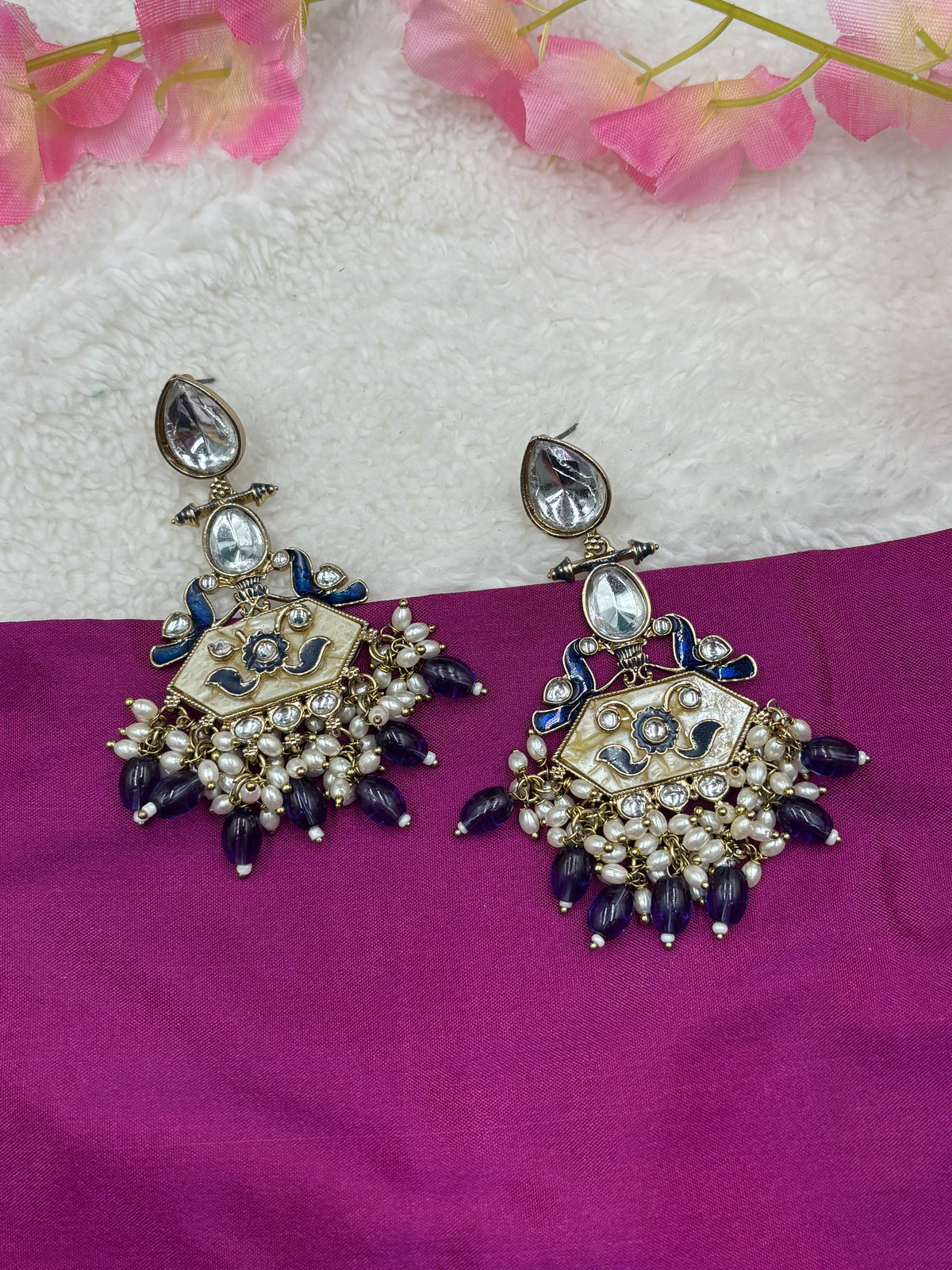 Antique Finish Peacock Kundan Earrings with Blue Meenakari, Pearls & Navy Beads