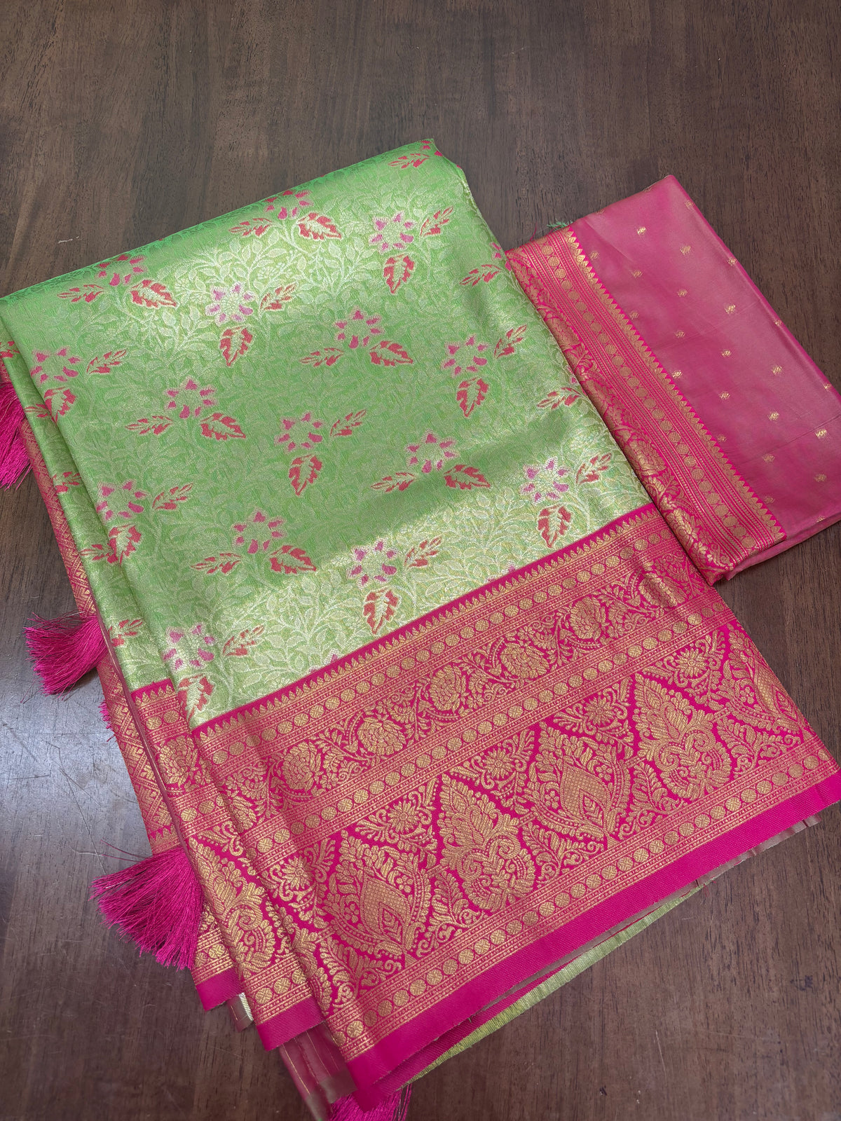 Classic Kanchi Soft Silk Saree with Parrot Green Body and Pink Border