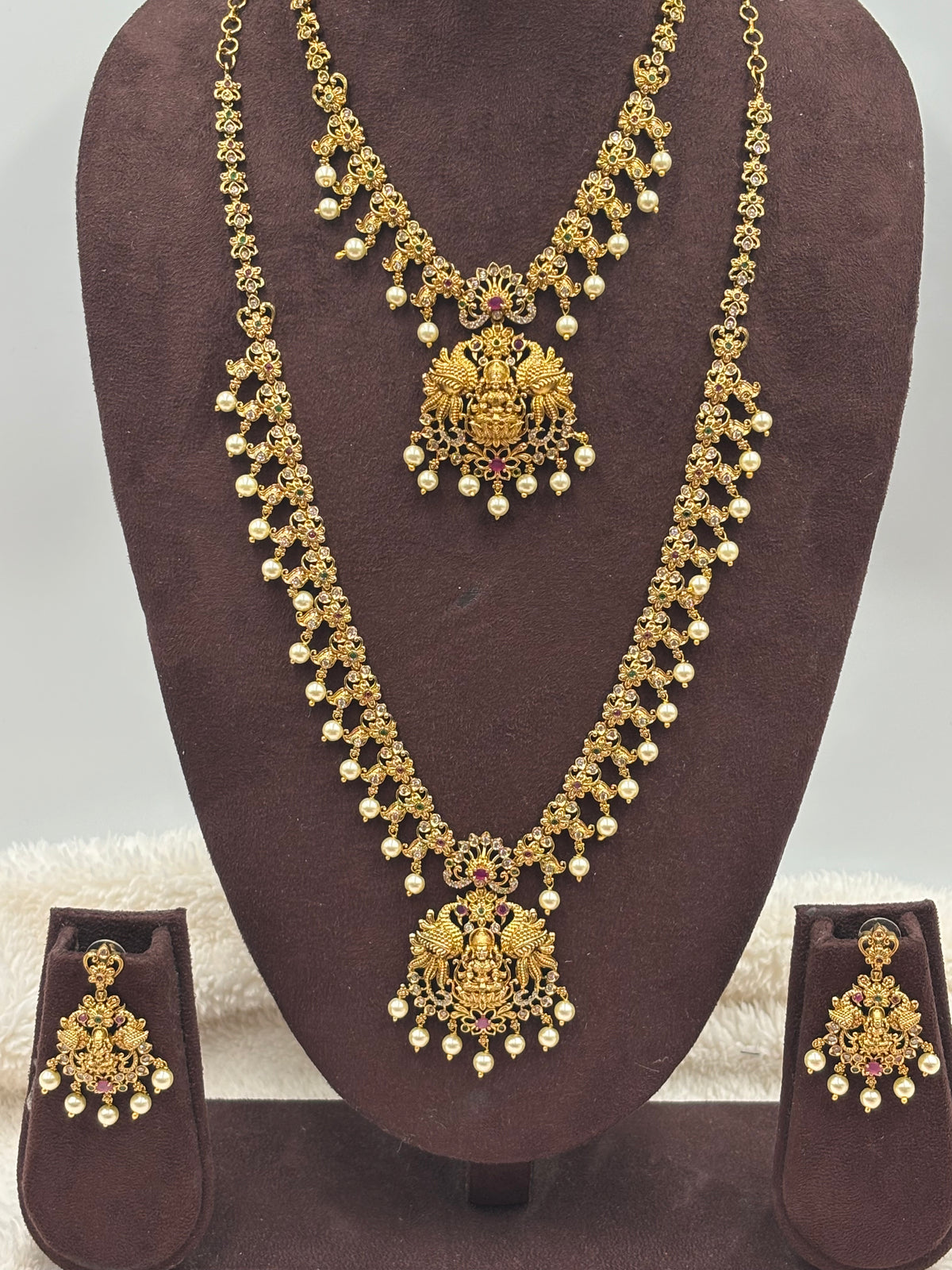 Semi‑Bridal Temple Jewellery Set with Lakshmi Design, Pink Stones & Pearls – Antique Gold Finish