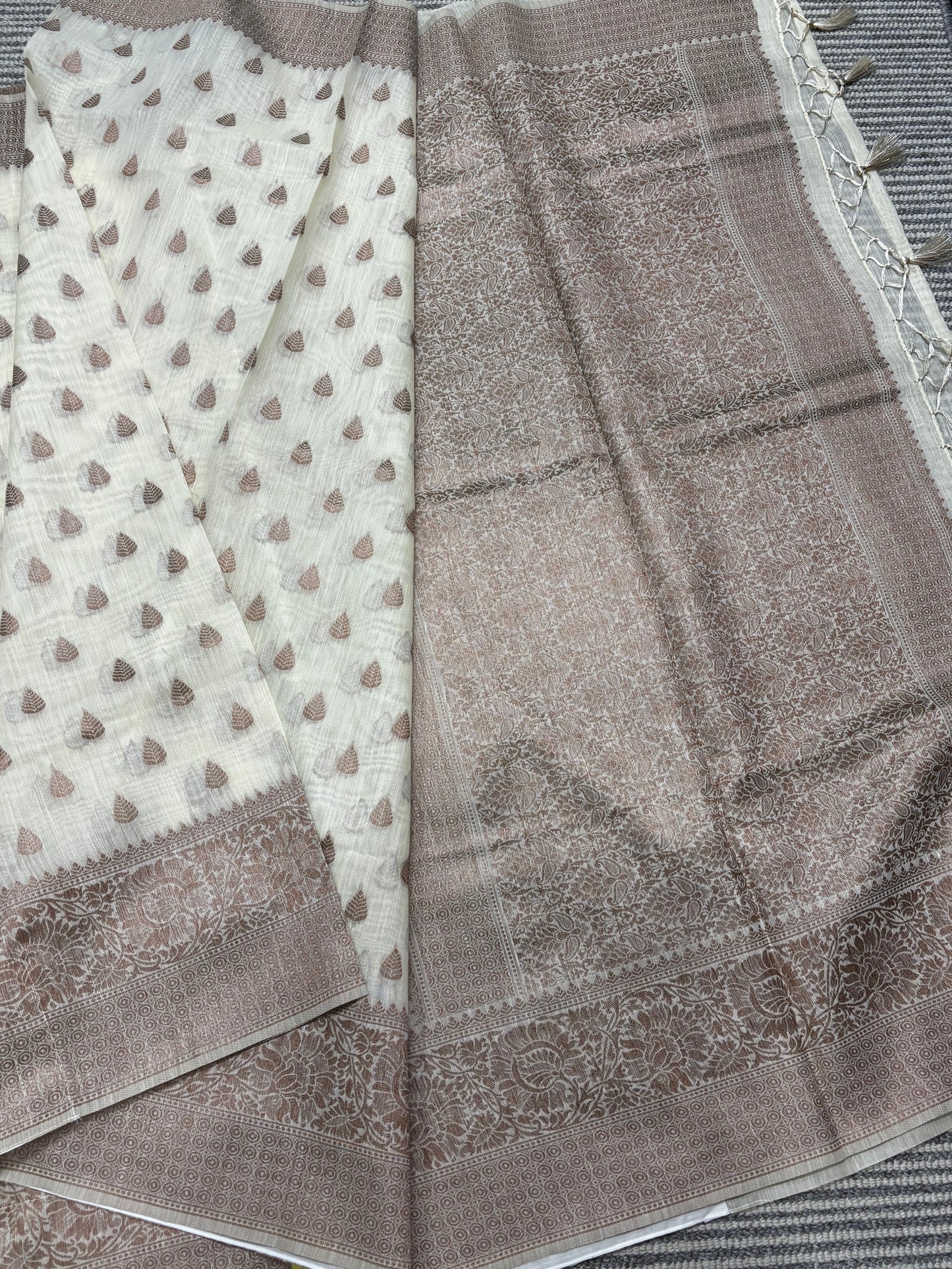 Elegant Beige Pure Tussar Saree with Brown Brocade Pallu & Antique Zari Border | Shrees Fashion