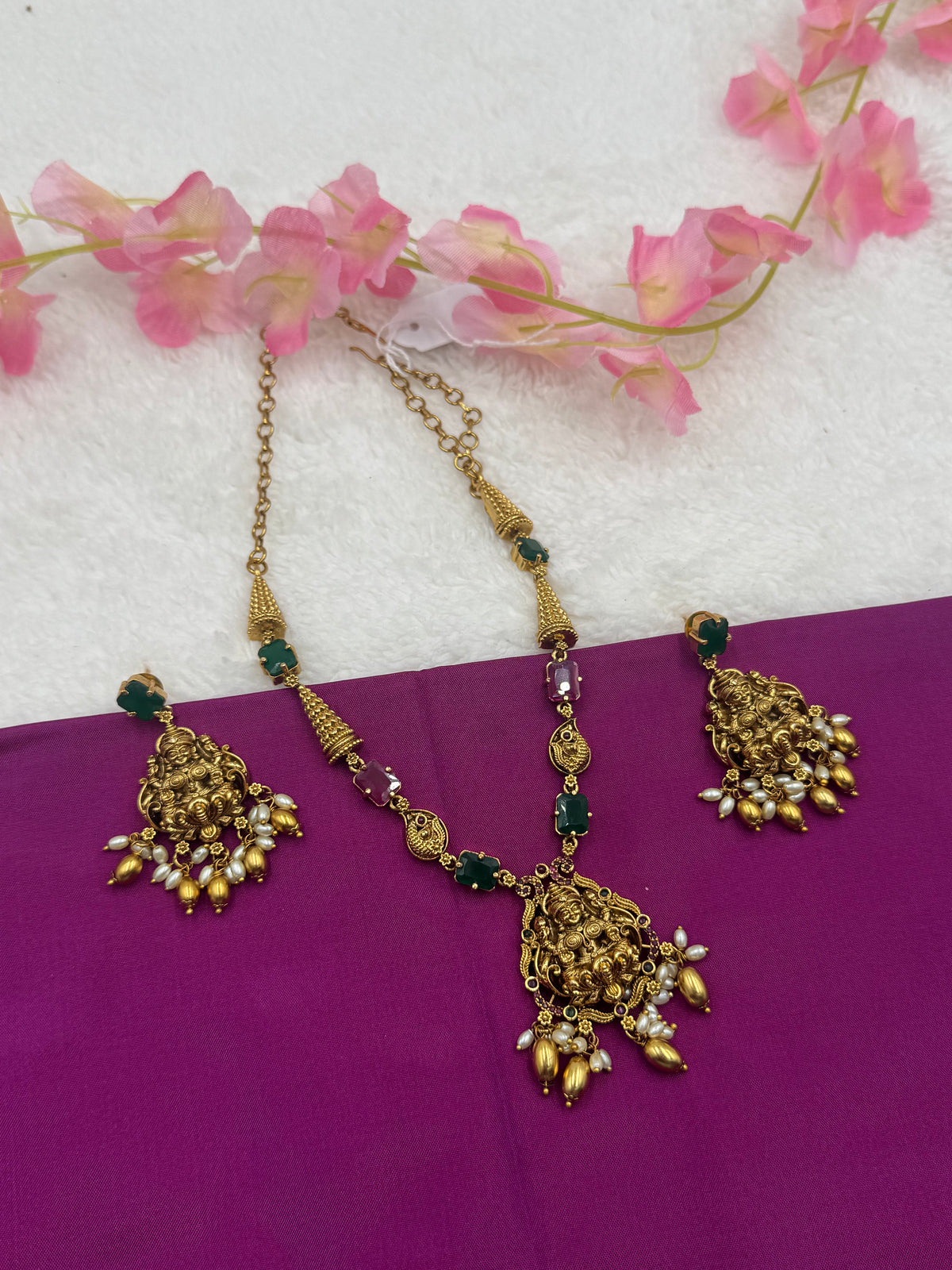 Antique Temple Necklace Set – Gold Finish with Green and Ruby Stones & Earrings