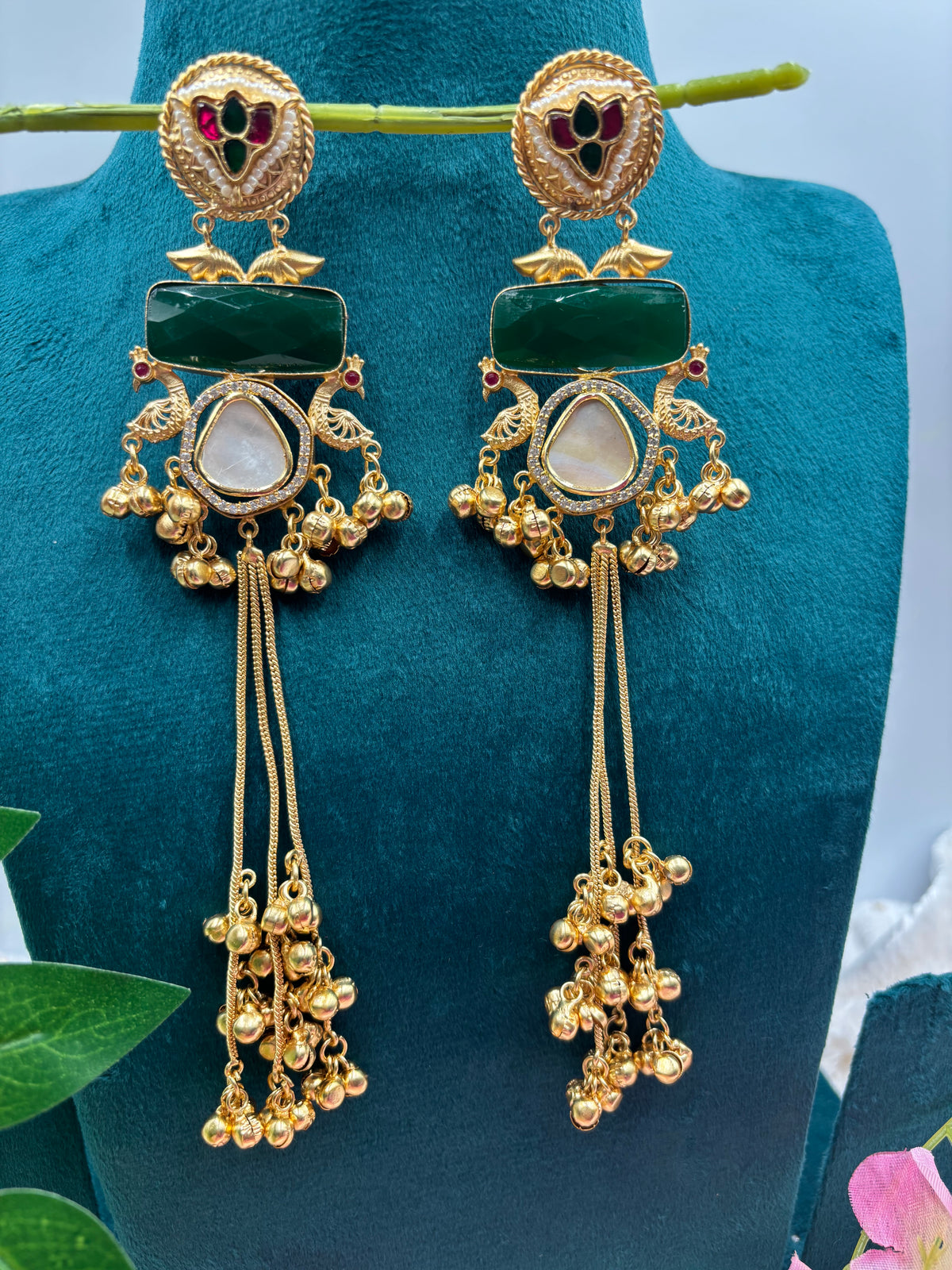 Modern Ethnic Kashmiri Earrings with Peacock Top & Dark Green Detailing